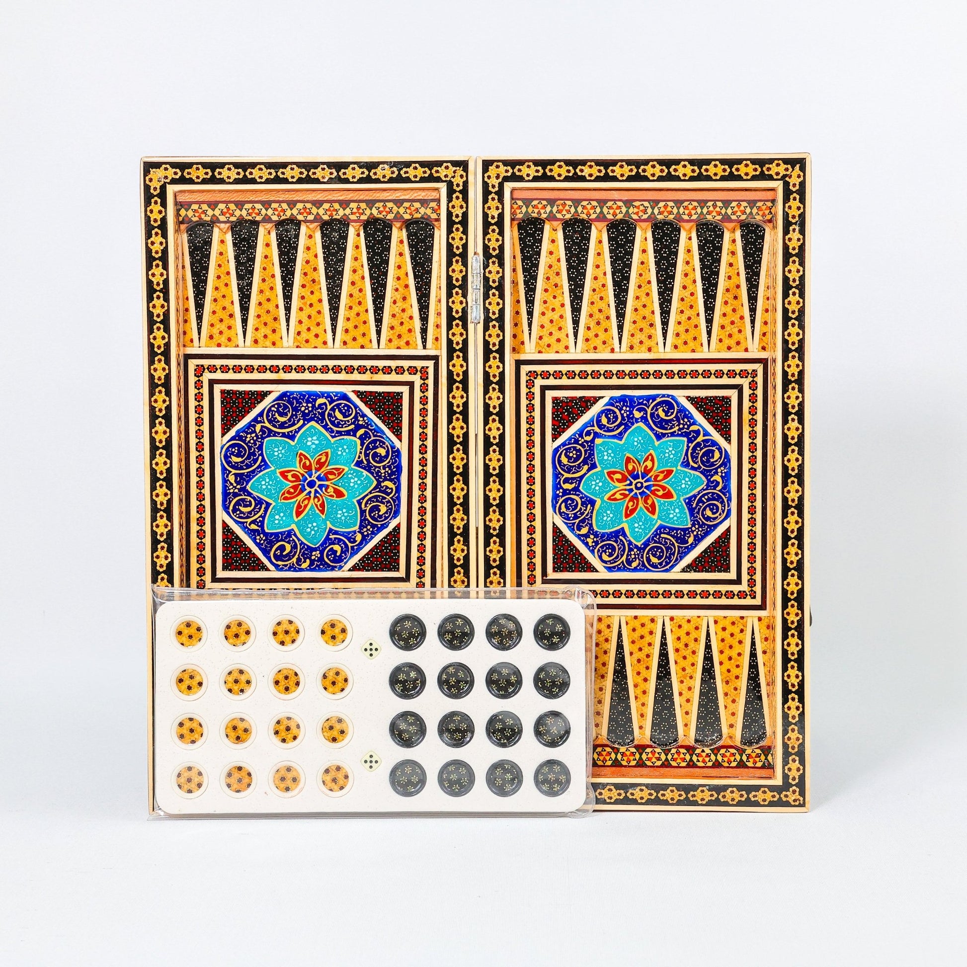 Backgammon & Chess Board – Size 40 – Full Khatam with Column Frame – Tazhib Miniature Painting - 42 - Meraas Gallery