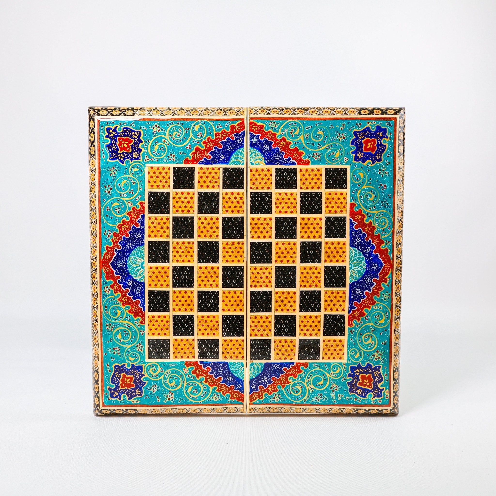 Backgammon & Chess Board – Size 40 – Full Khatam with Column Frame – Tazhib Miniature Painting - 42 - Meraas Gallery