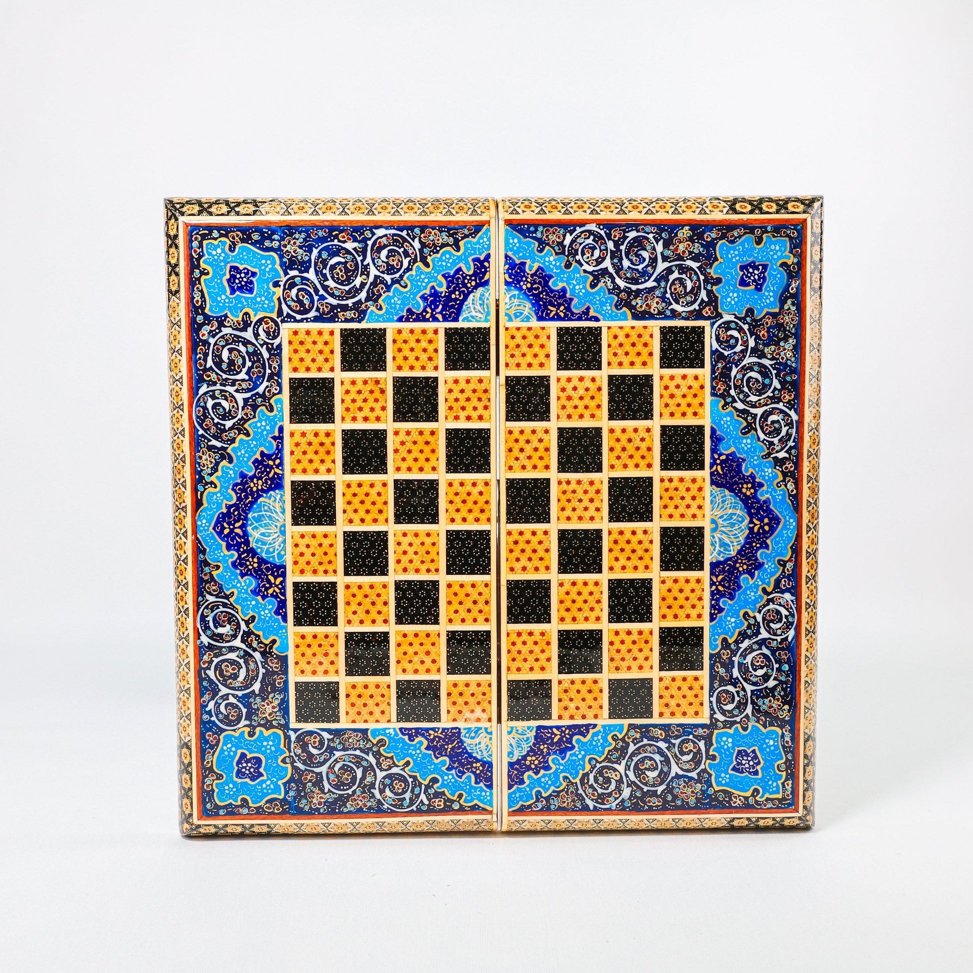 Backgammon & Chess Board – Size 40 – Full Khatam with Column Frame – Tazhib Miniature Painting - 43 - Meraas Gallery