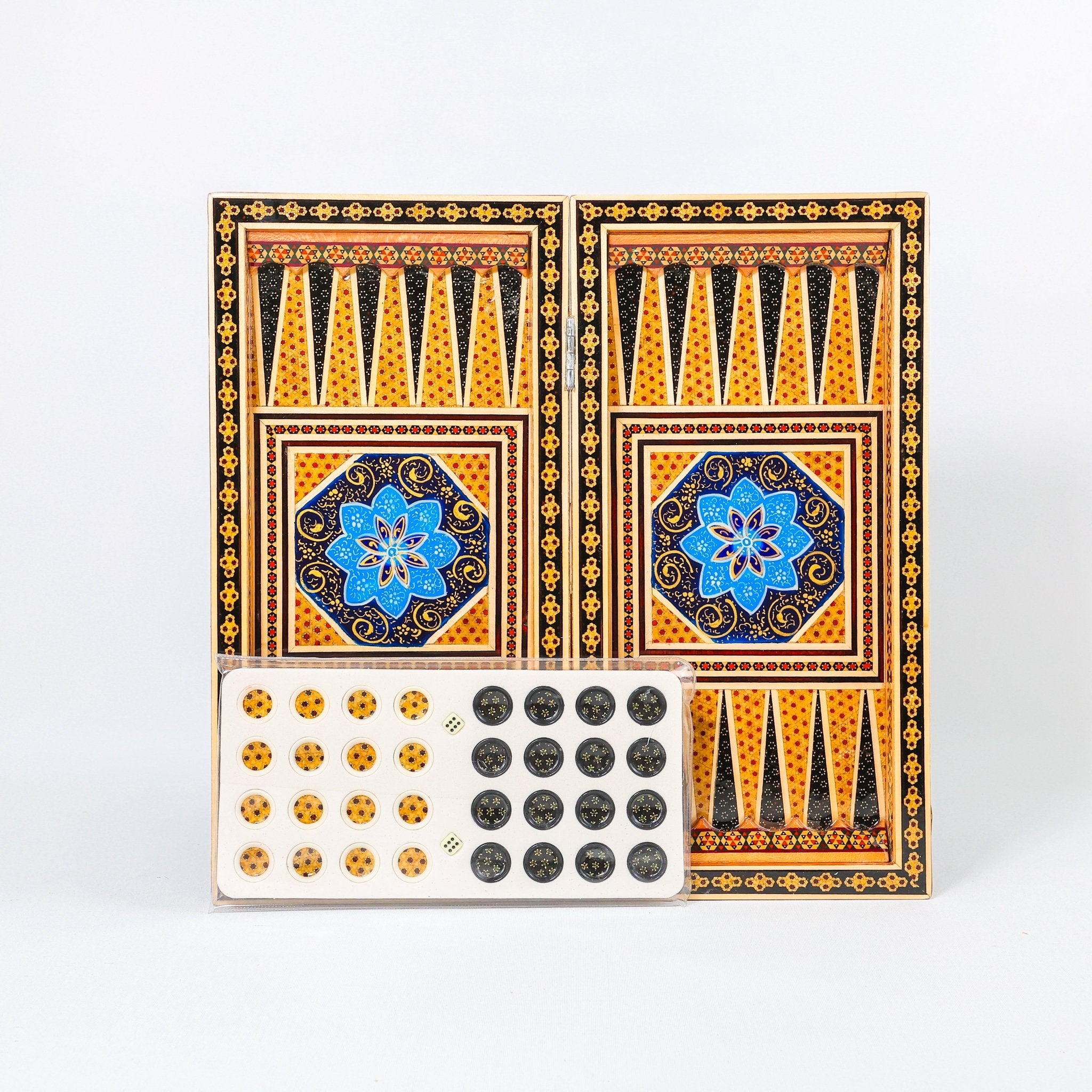 Backgammon & Chess Board – Size 40 – Full Khatam with Column Frame – Tazhib Miniature Painting - 43 - Meraas Gallery