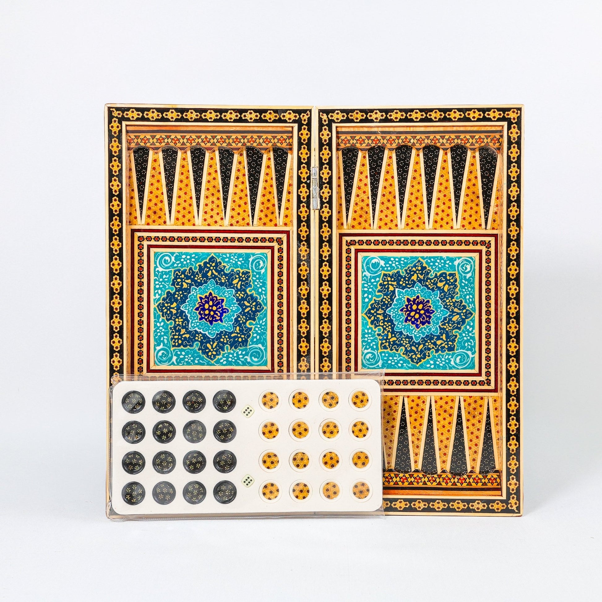 Backgammon & Chess Board – Size 40 – Full Khatam with Column Frame – Tazhib Miniature Painting - 44 - Meraas Gallery