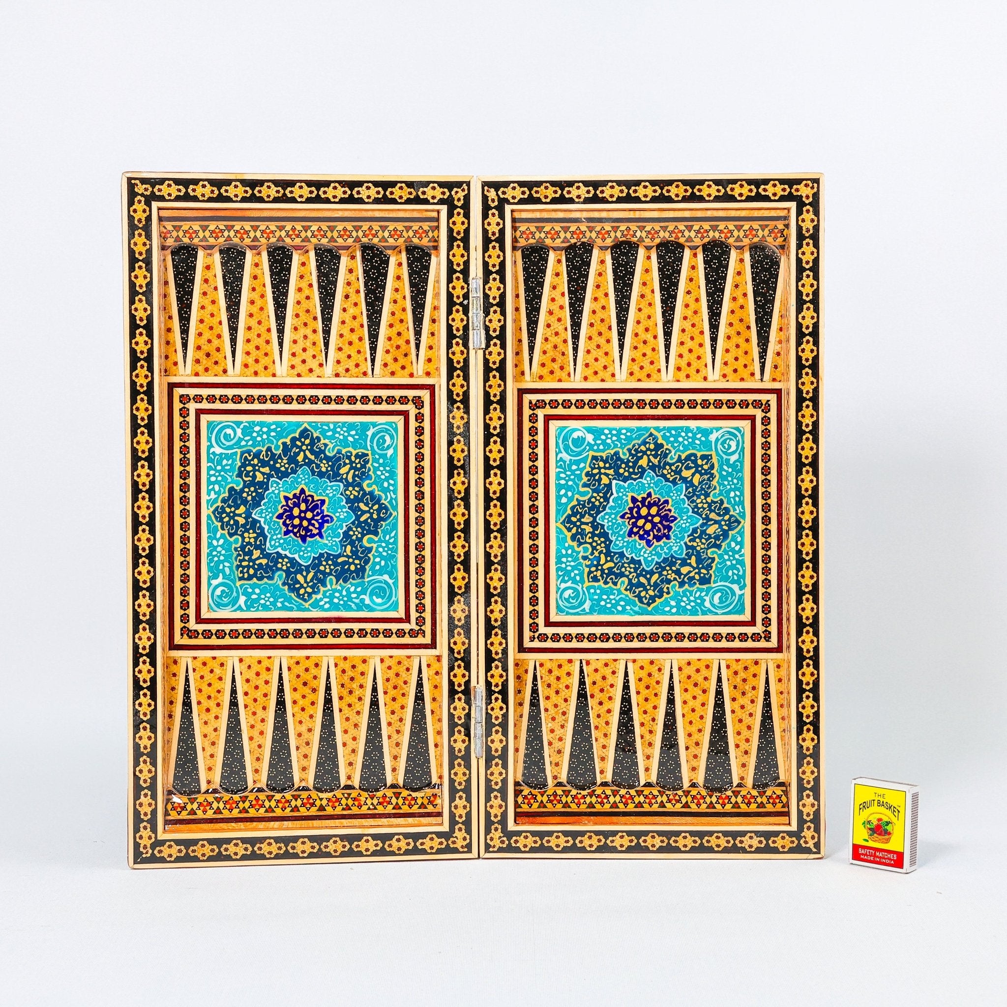 Backgammon & Chess Board – Size 40 – Full Khatam with Column Frame – Tazhib Miniature Painting - 44 - Meraas Gallery