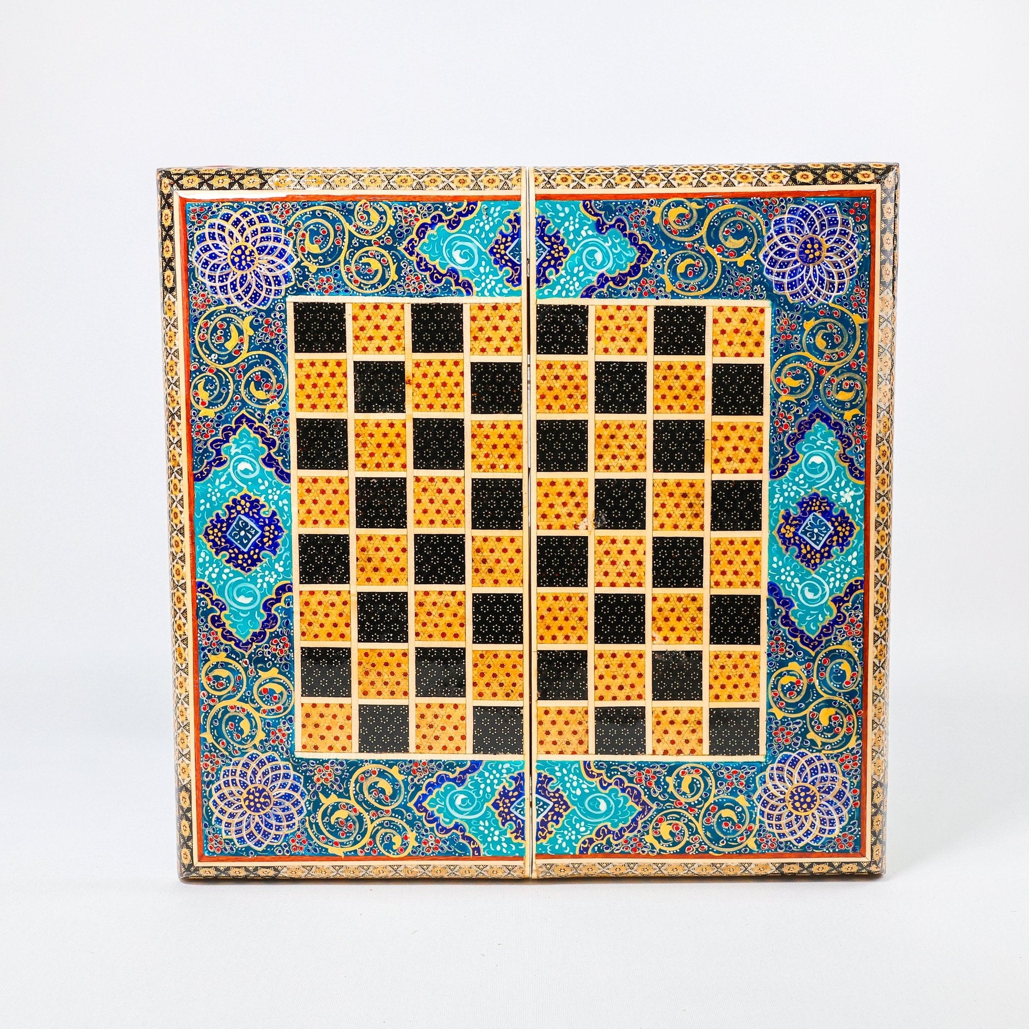 Backgammon & Chess Board – Size 40 – Full Khatam with Column Frame – Tazhib Miniature Painting - 44 - Meraas Gallery