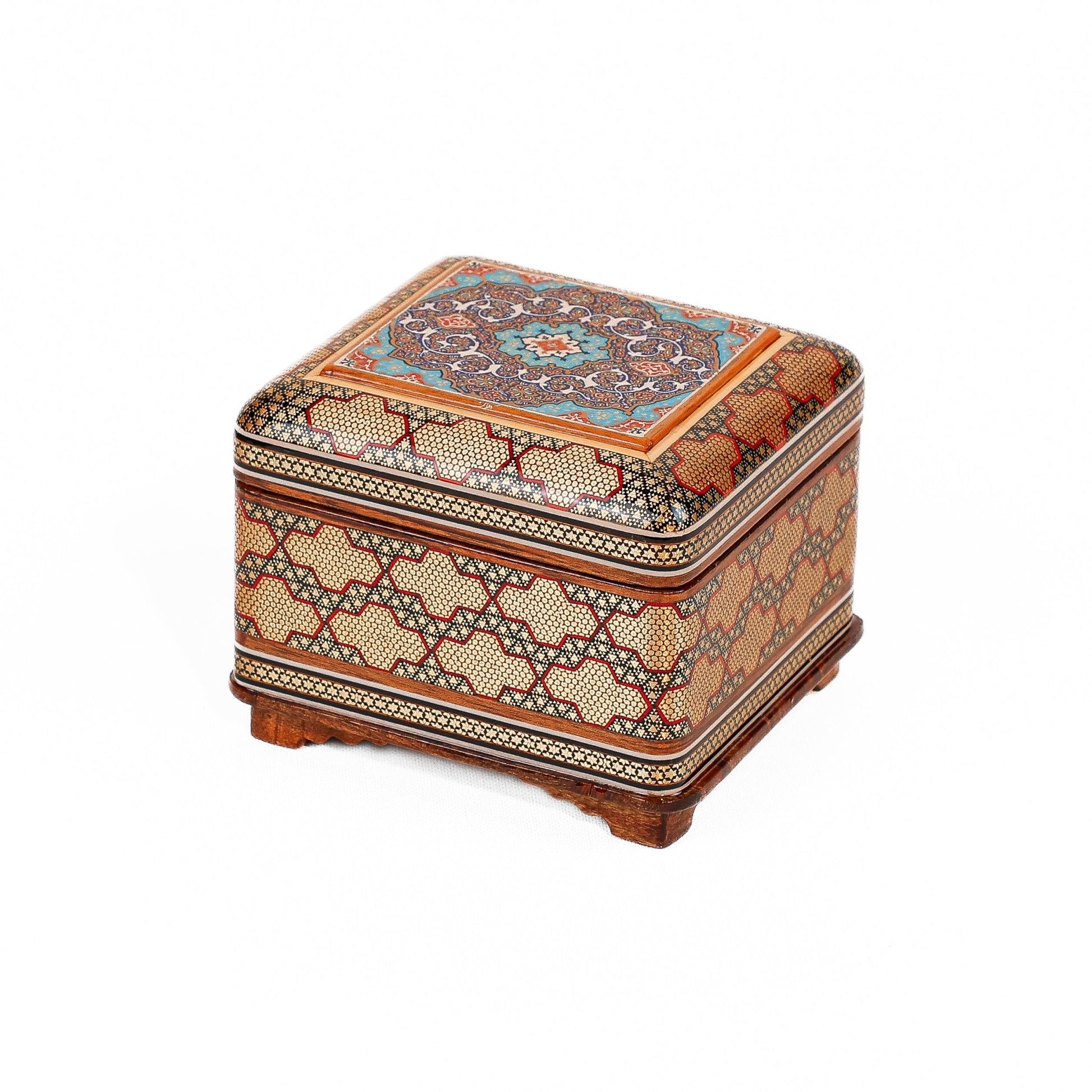 8 - Sided Jewelry Box – Full Khatam with Wire Inlay and Flower Painting - Meraas Gallery