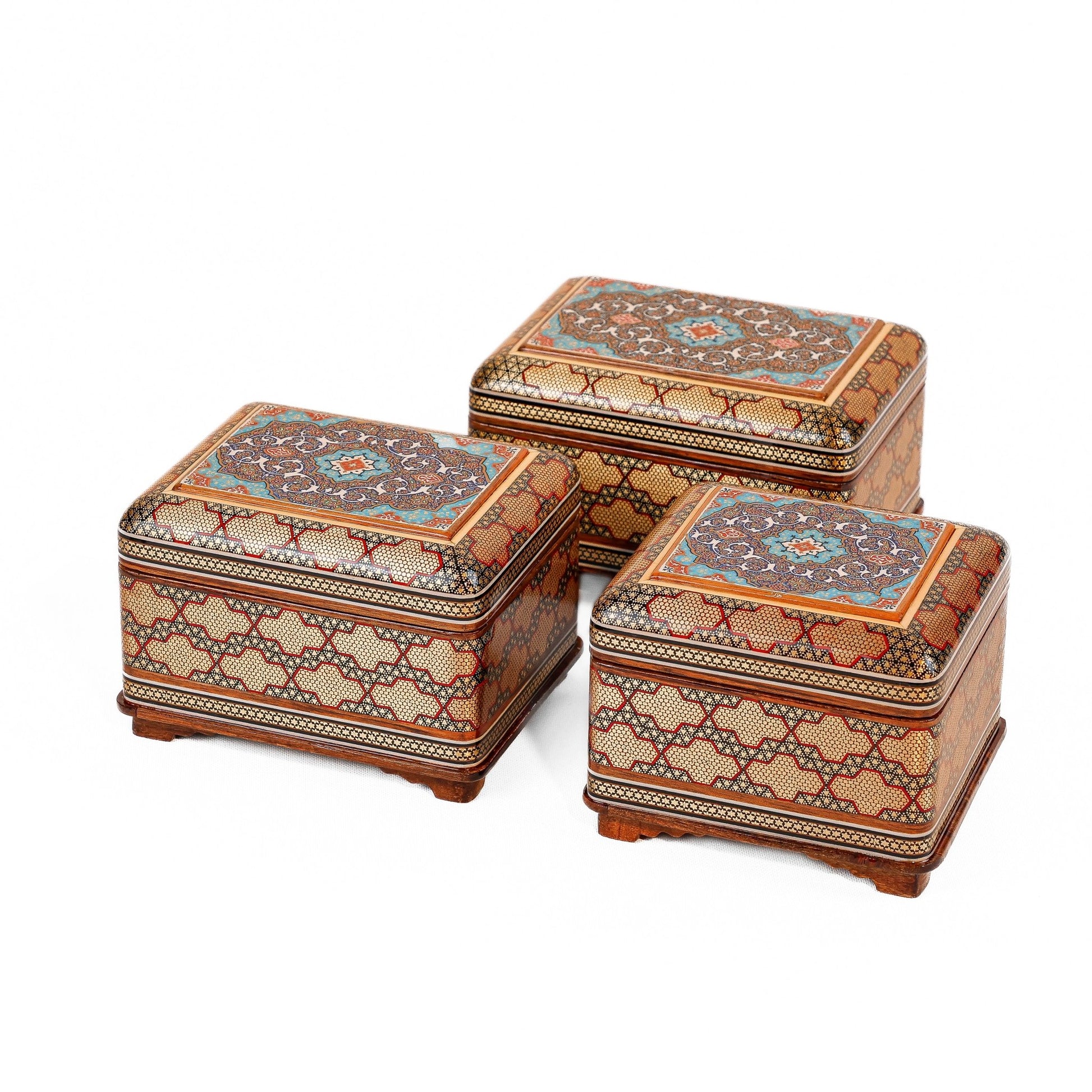 8 - Sided Jewelry Box – Full Khatam with Wire Inlay and Flower Painting - Meraas Gallery