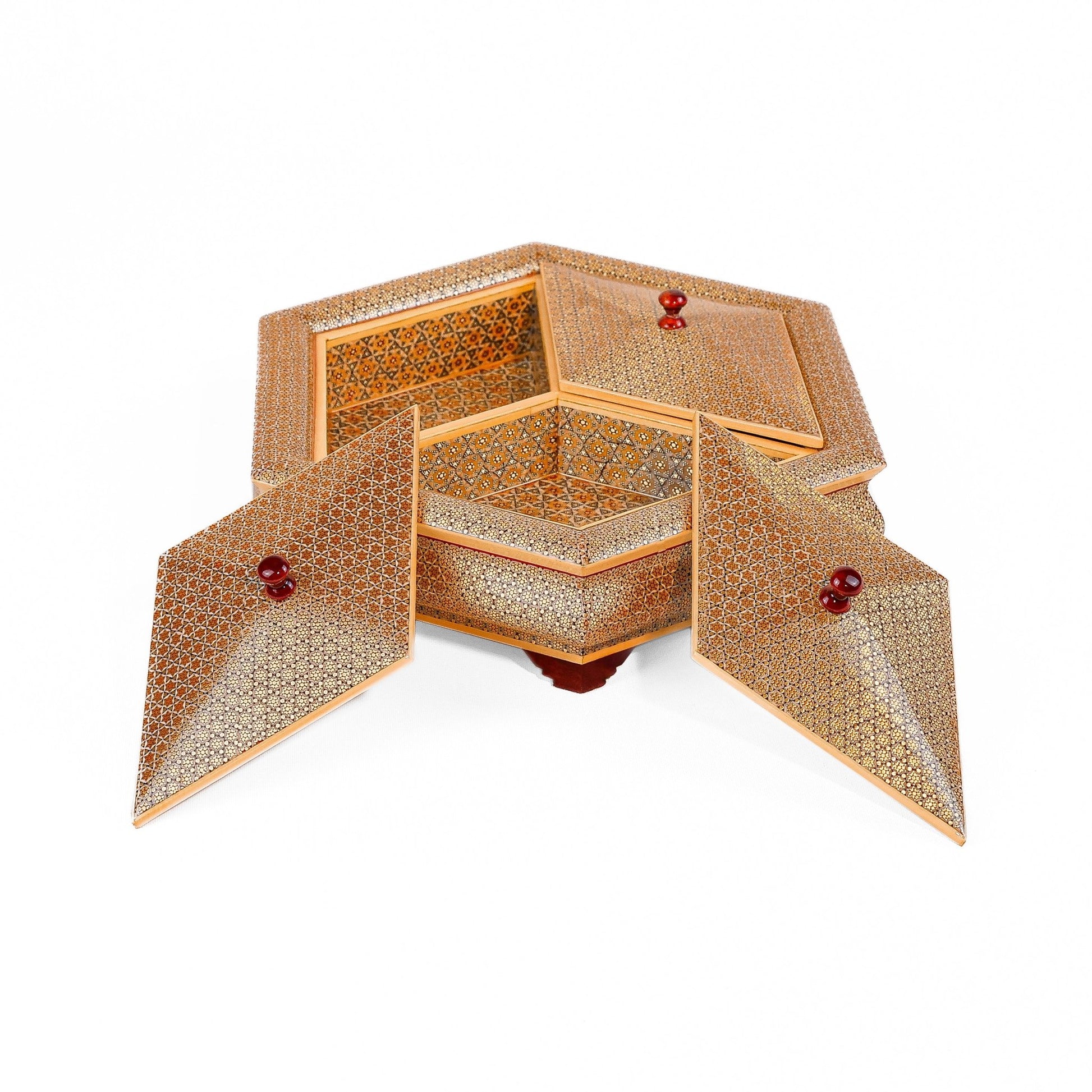 Hexagonal Candy Dish – Three Lids – Inside Khatam – Short Base - Meraas Gallery