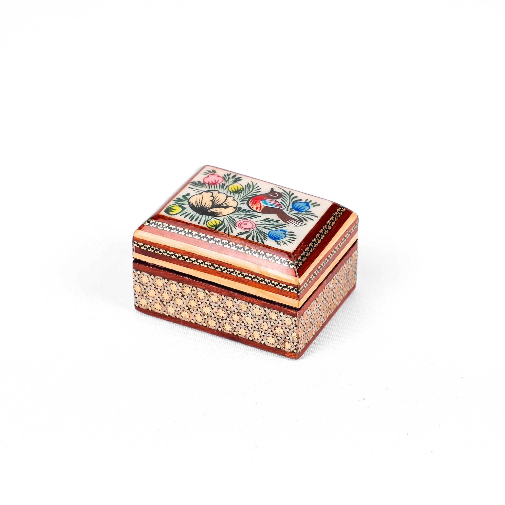 Hinged Coin Box – Size 7×6 – Khatam with Miniature Painting – Inside Velvet - Meraas Gallery