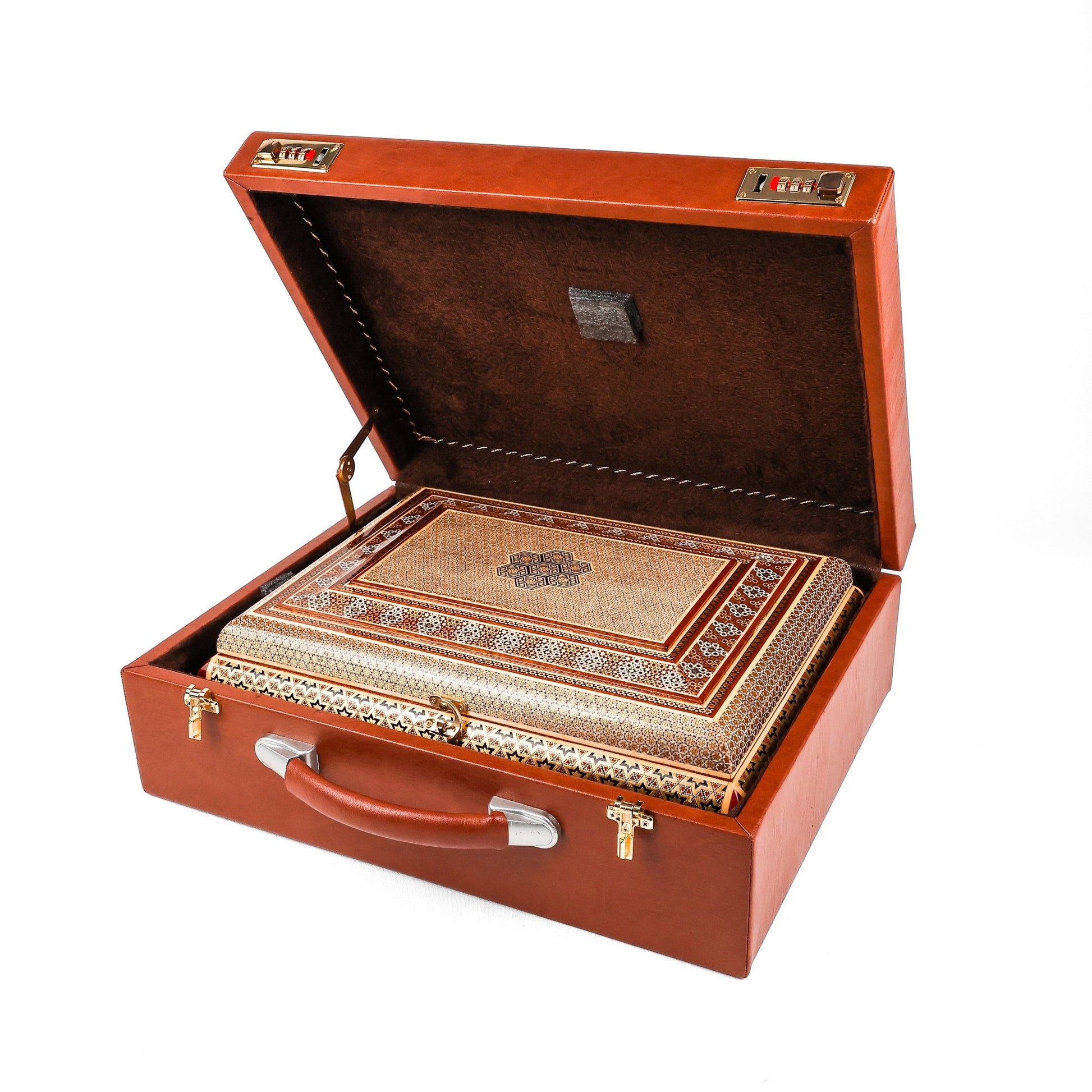 Khatam Box – Size 40×30 – Full Khatam Design – Khatam Interior – Plexiglass Lid Interior with Golden Frame – Golden Lock – Brown Leather Suitcase – Premium Quality - Meraas Gallery