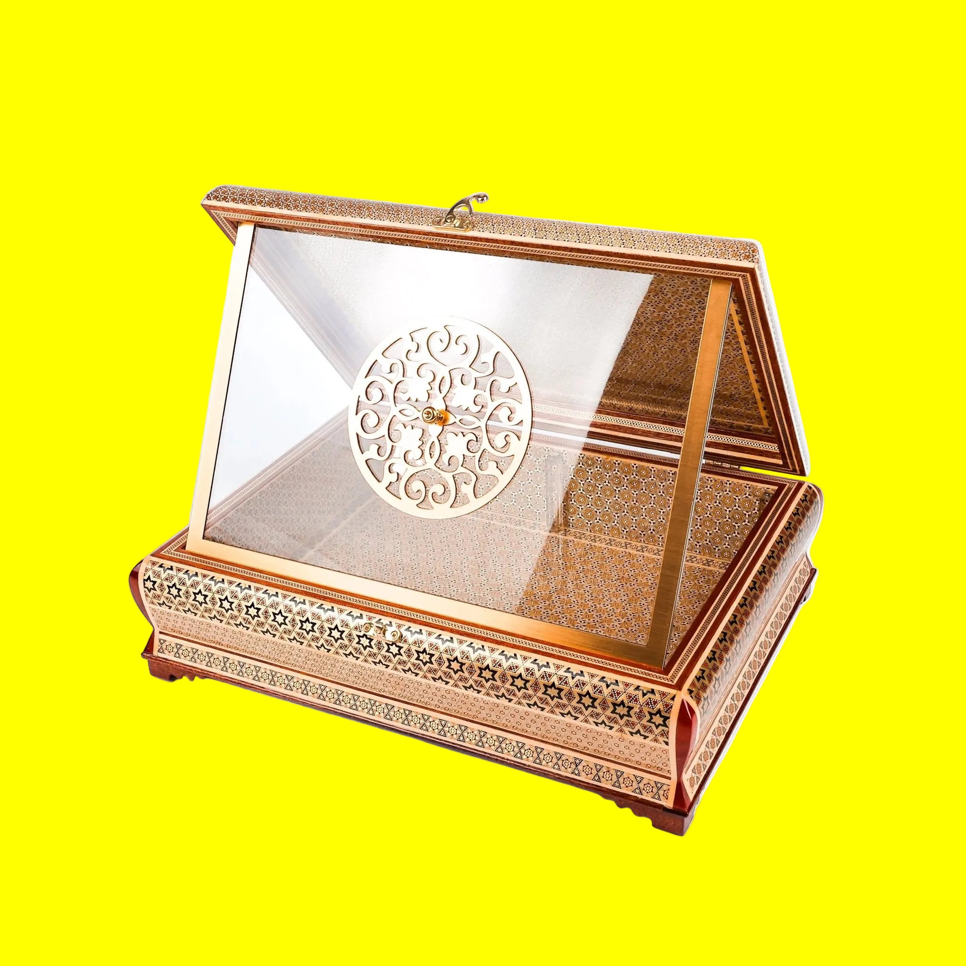 Khatam Box – Size 40×30 – Full Khatam Design – Khatam Interior – Plexiglass Lid Interior with Golden Frame – Golden Lock – Brown Leather Suitcase – Premium Quality - Meraas Gallery