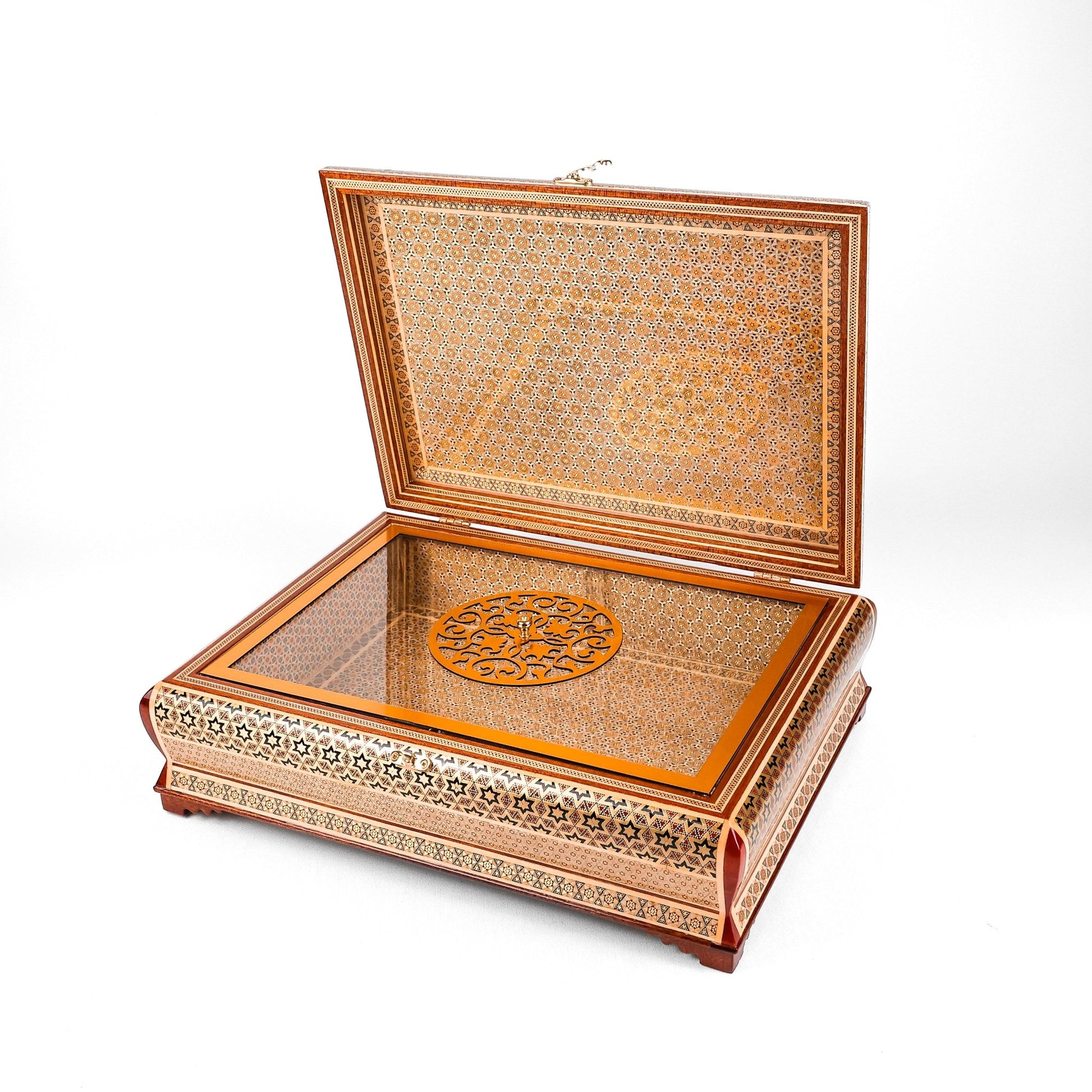 Khatam Box – Size 40×30 – Full Khatam Design – Khatam Interior – Plexiglass Lid Interior with Golden Frame – Golden Lock – Brown Leather Suitcase – Premium Quality - Meraas Gallery
