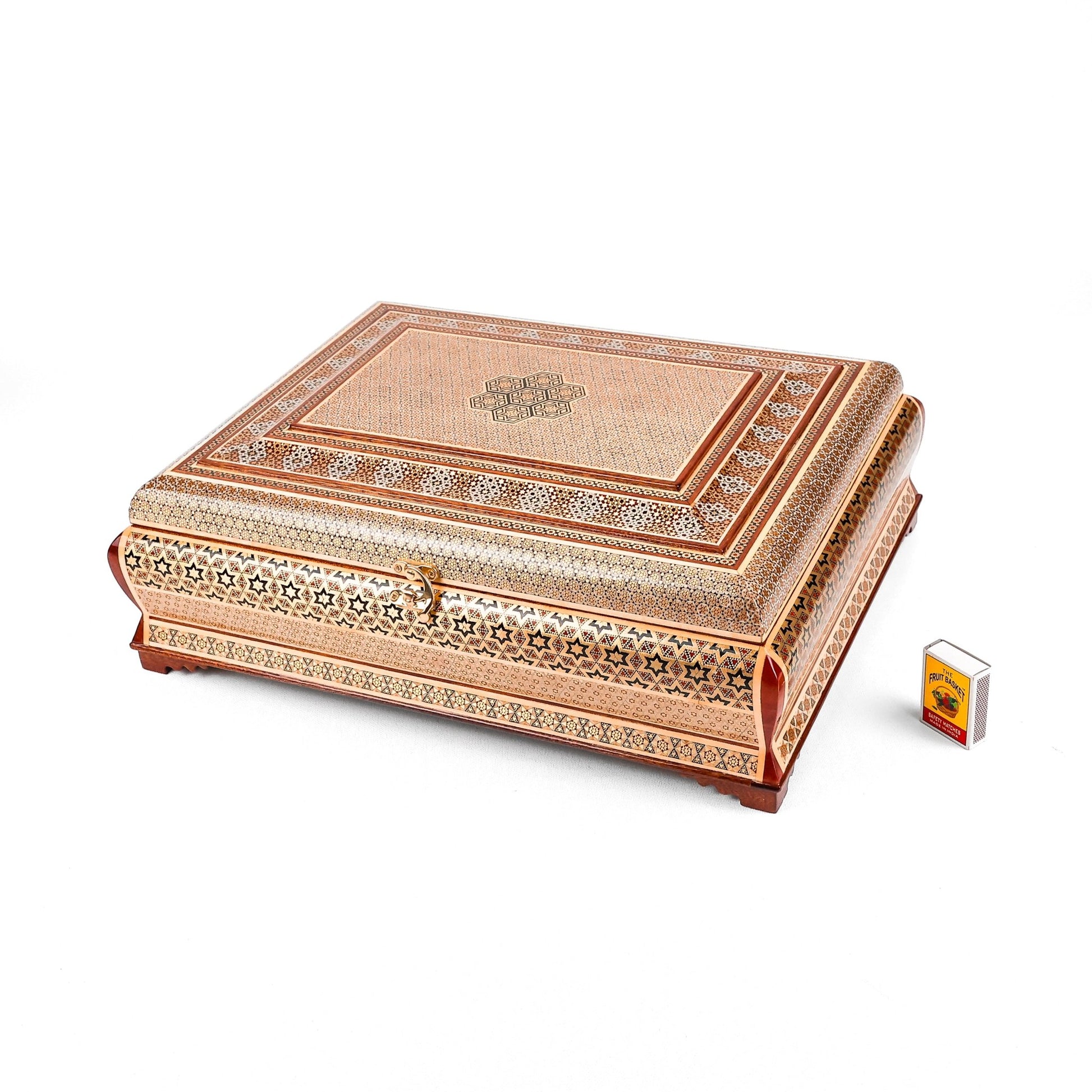Khatam Box – Size 40×30 – Full Khatam Design – Khatam Interior – Plexiglass Lid Interior with Golden Frame – Golden Lock – Brown Leather Suitcase – Premium Quality - Meraas Gallery