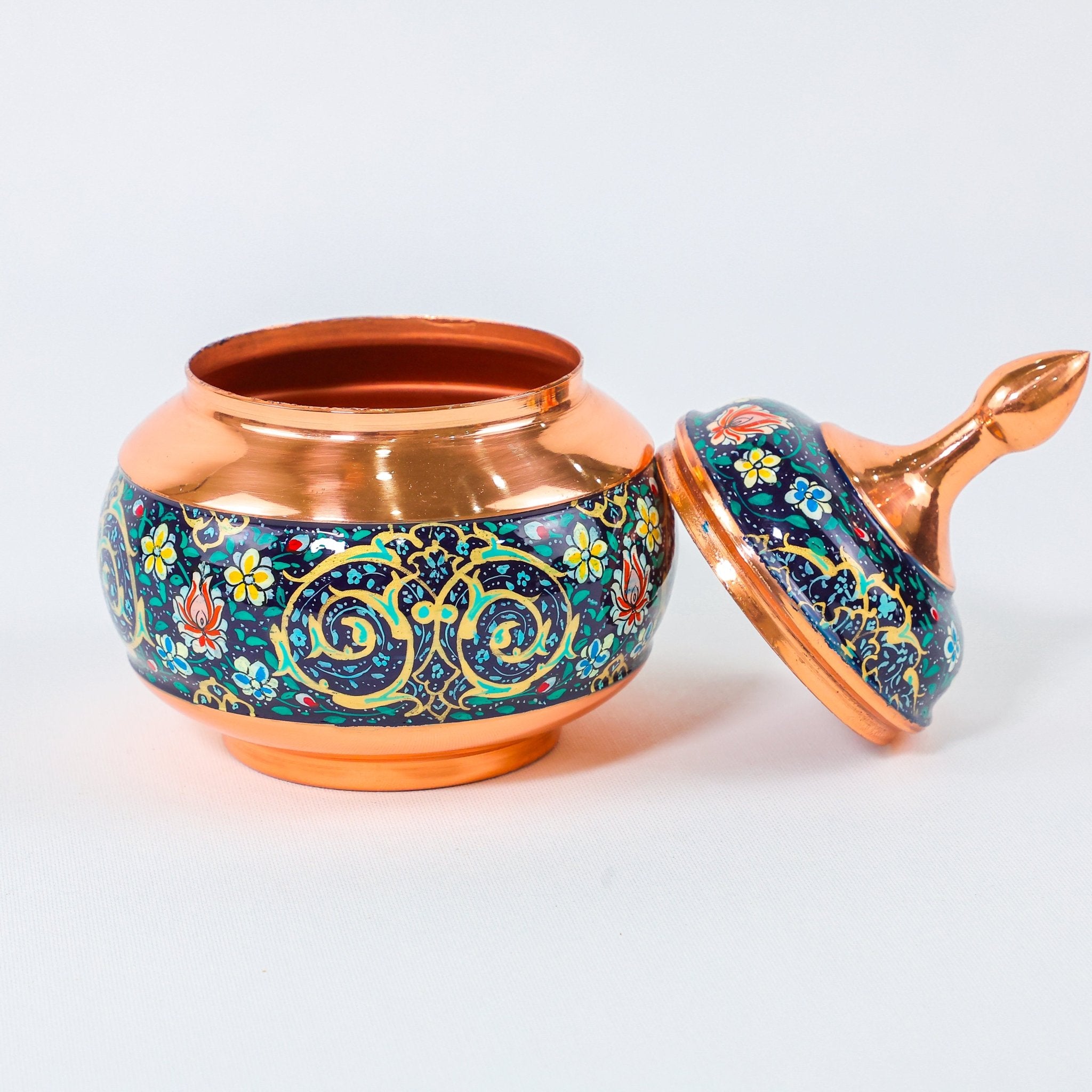 Large Sugar Bowl – Pardazi Design (Ghorbanians) – Hand - Painted Copper – Size 20 cm - Meraas Gallery