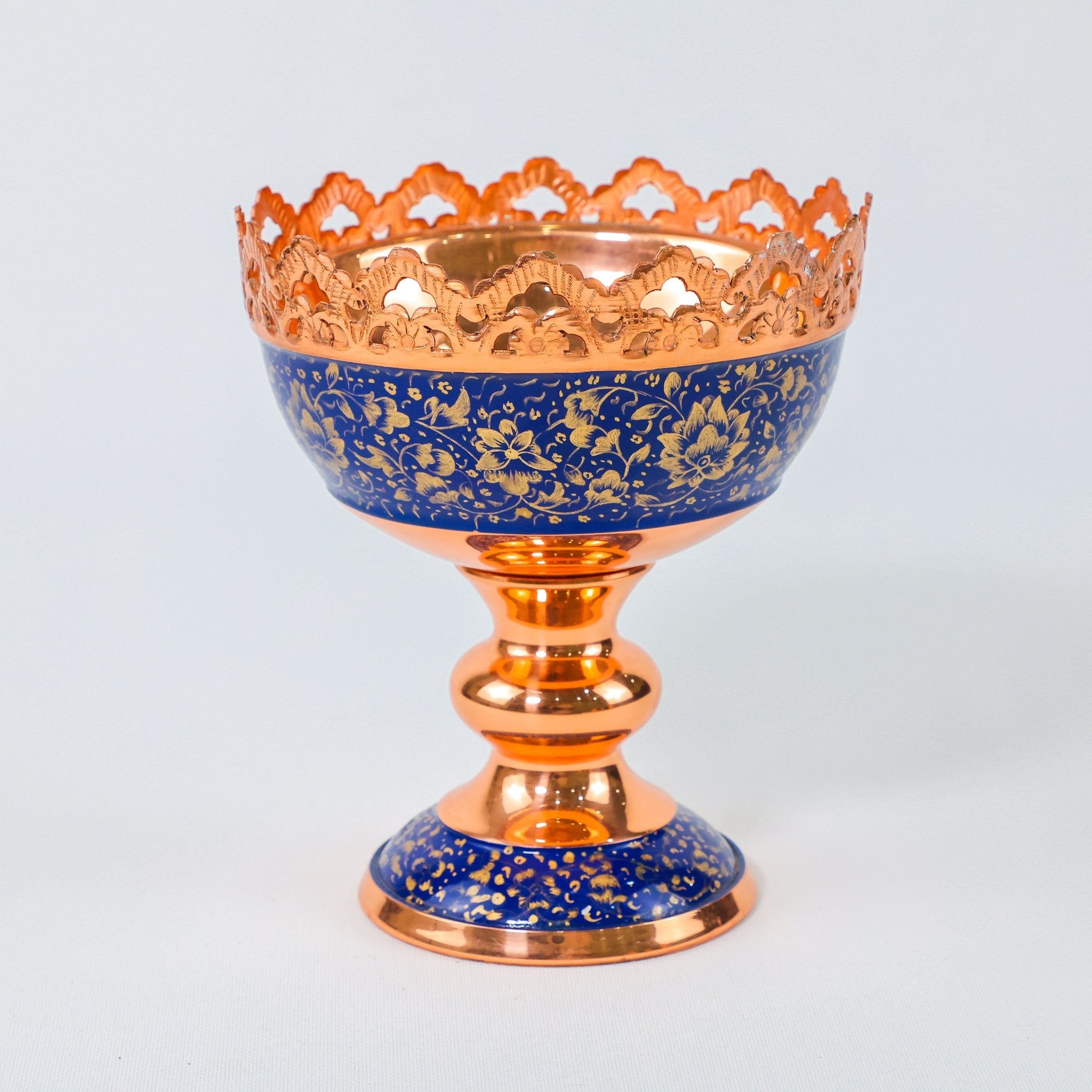 Pedestal Nut Bowl – Golden Pardazi Design – Hand - Painted Copper – Size 16 cm - Meraas Gallery