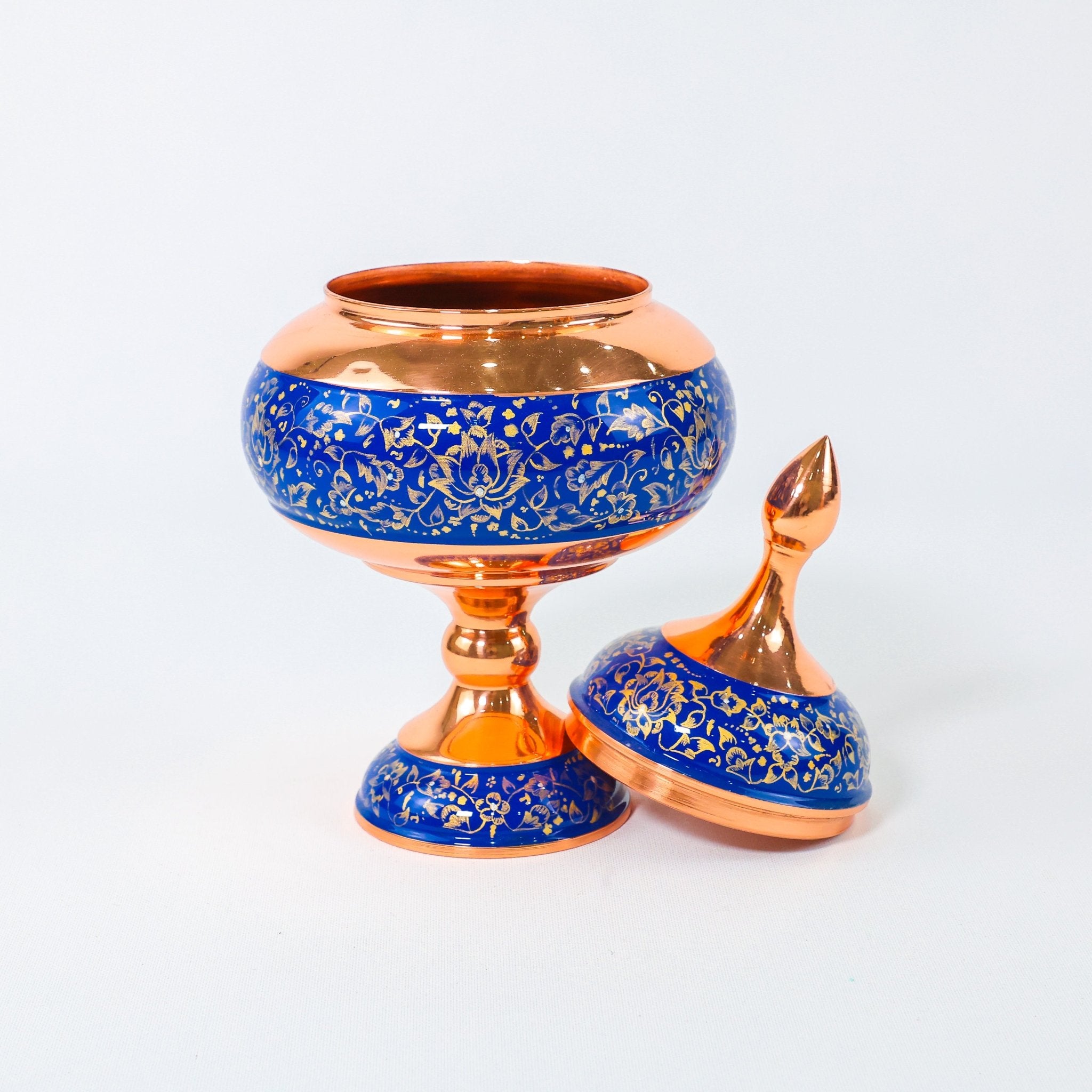 Pedestal Chocolate Bowl – Golden Pardazi Design – Hand - Painted Copper – Size 27 cm - Meraas Gallery