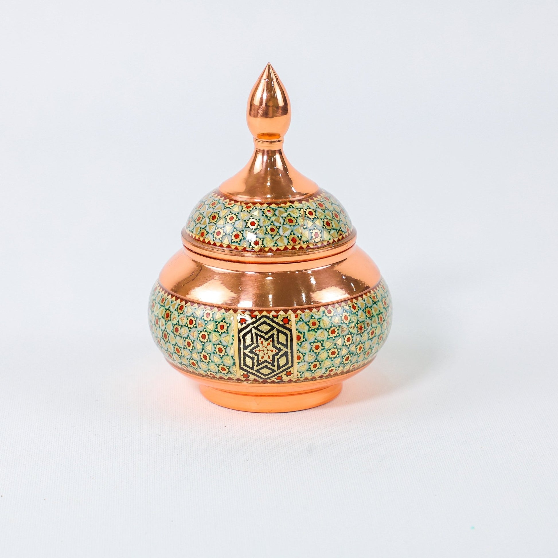 Mini Sugar Bowl – Copper & Khatam Design (Ayoobi) – No Pedestal - Meraas Gallery