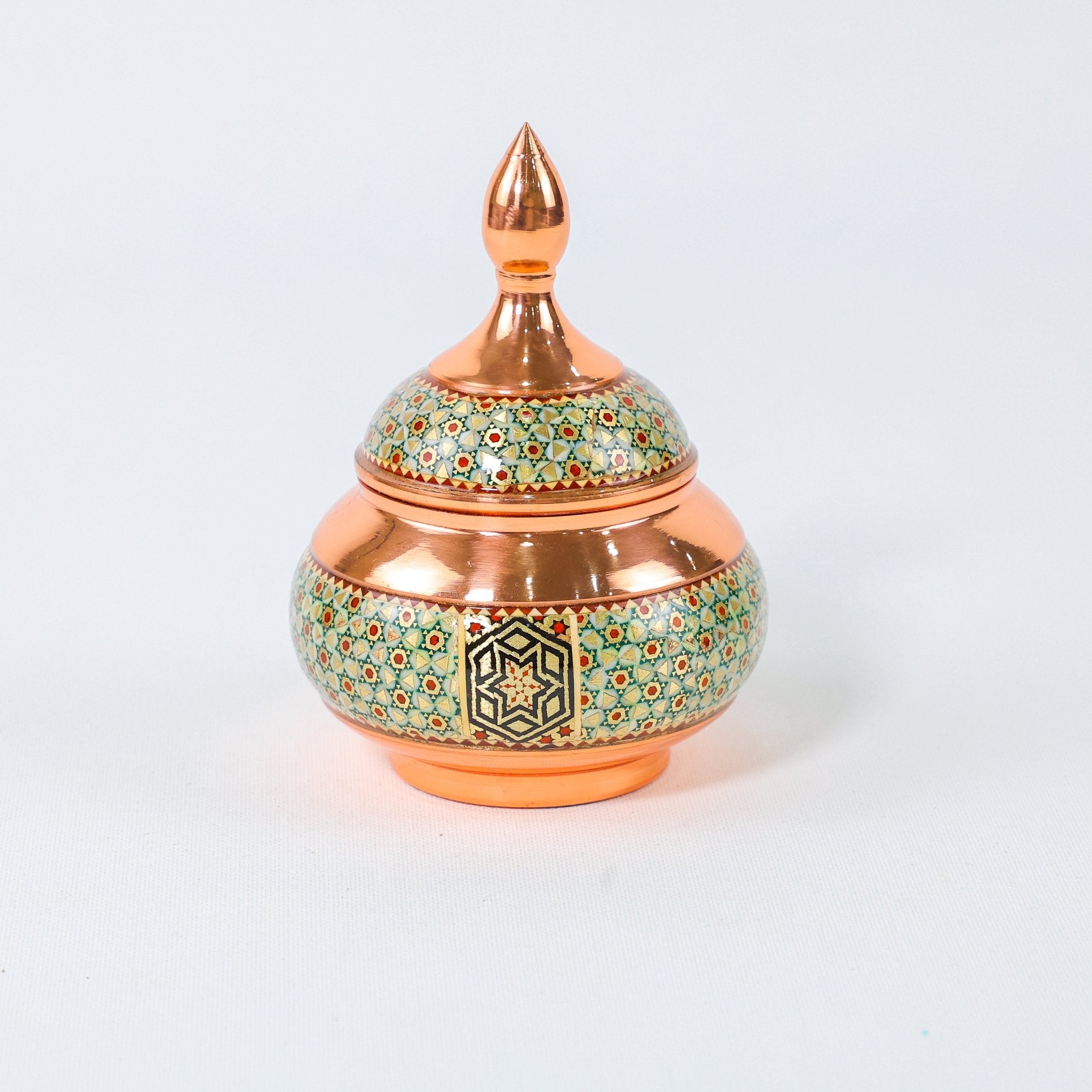 Mini Sugar Bowl – Copper & Khatam Design (Ayoobi) – No Pedestal - Meraas Gallery