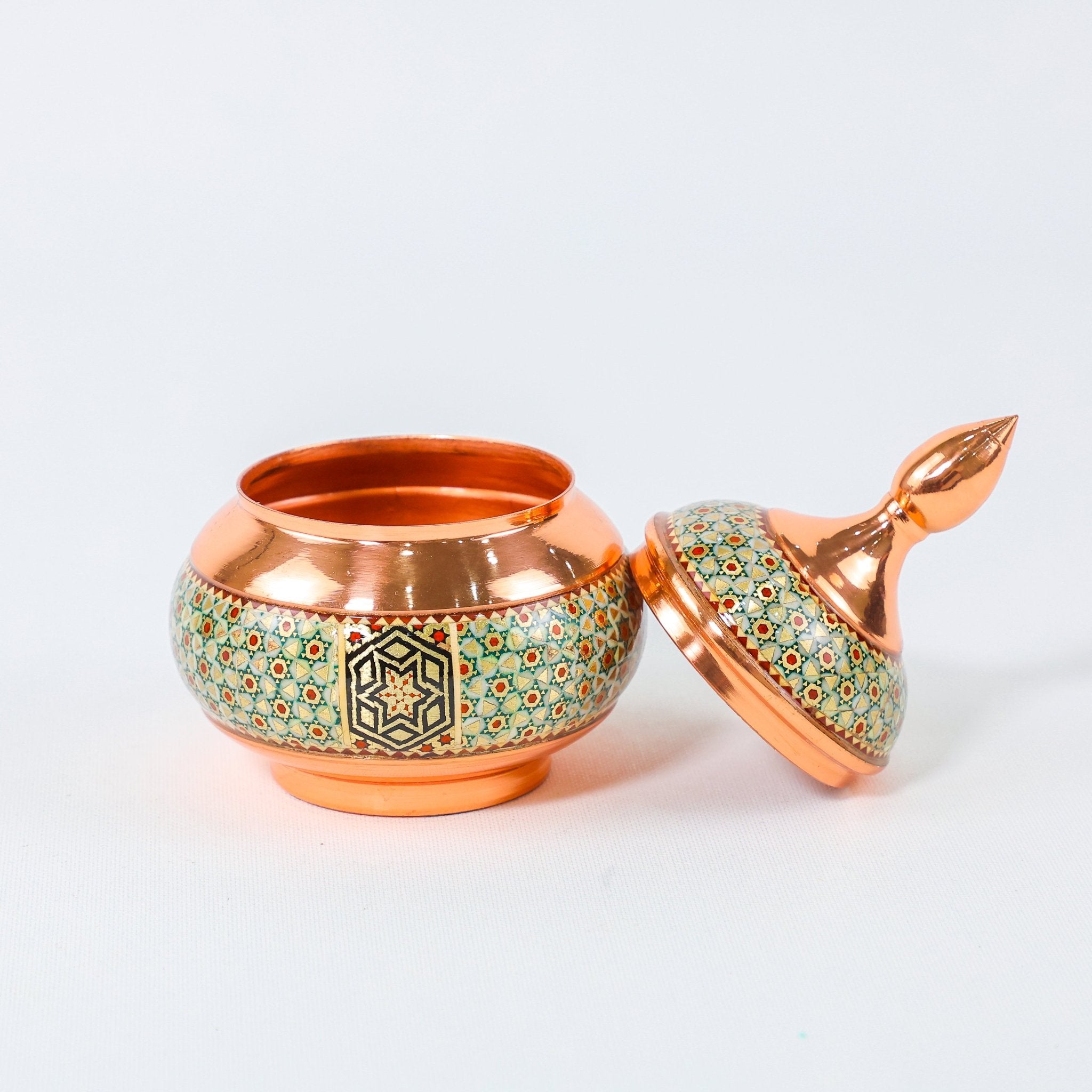 Mini Sugar Bowl – Copper & Khatam Design (Ayoobi) – No Pedestal - Meraas Gallery