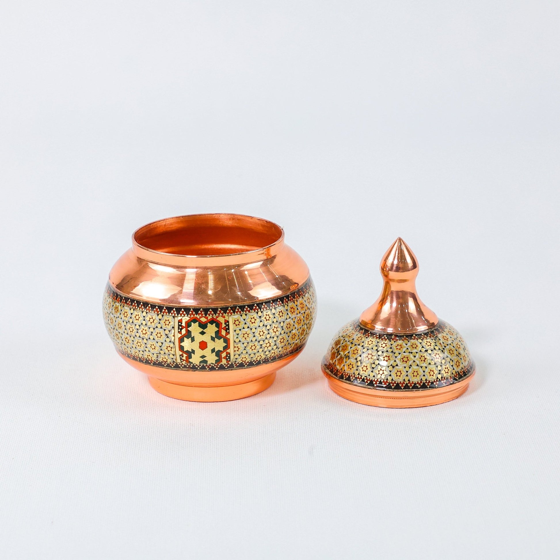 Sugar Bowl – Copper & Khatam Design – Size 16 cm - Meraas Gallery
