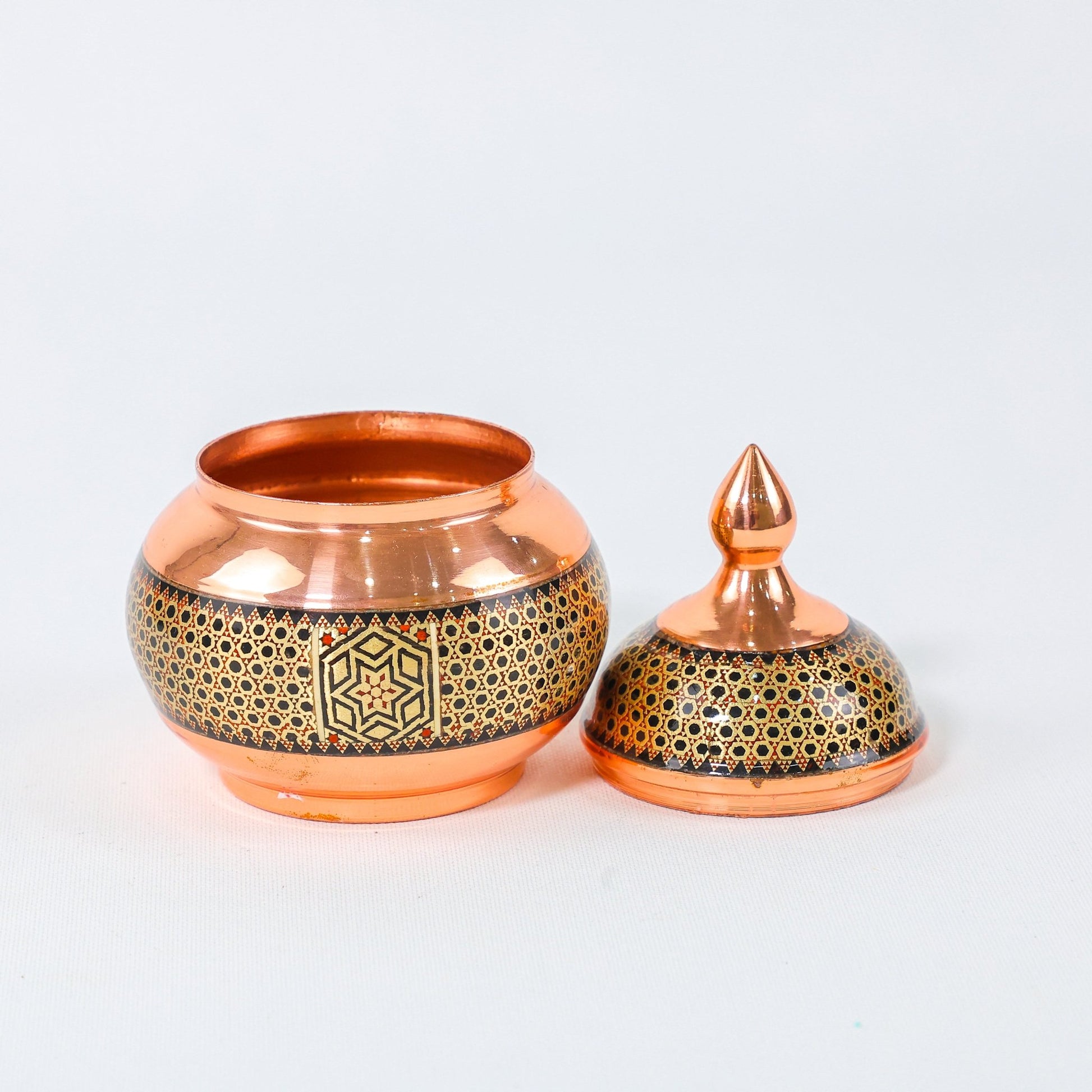 Sugar Bowl – Copper & Khatam Design – Size 18 cm - Meraas Gallery