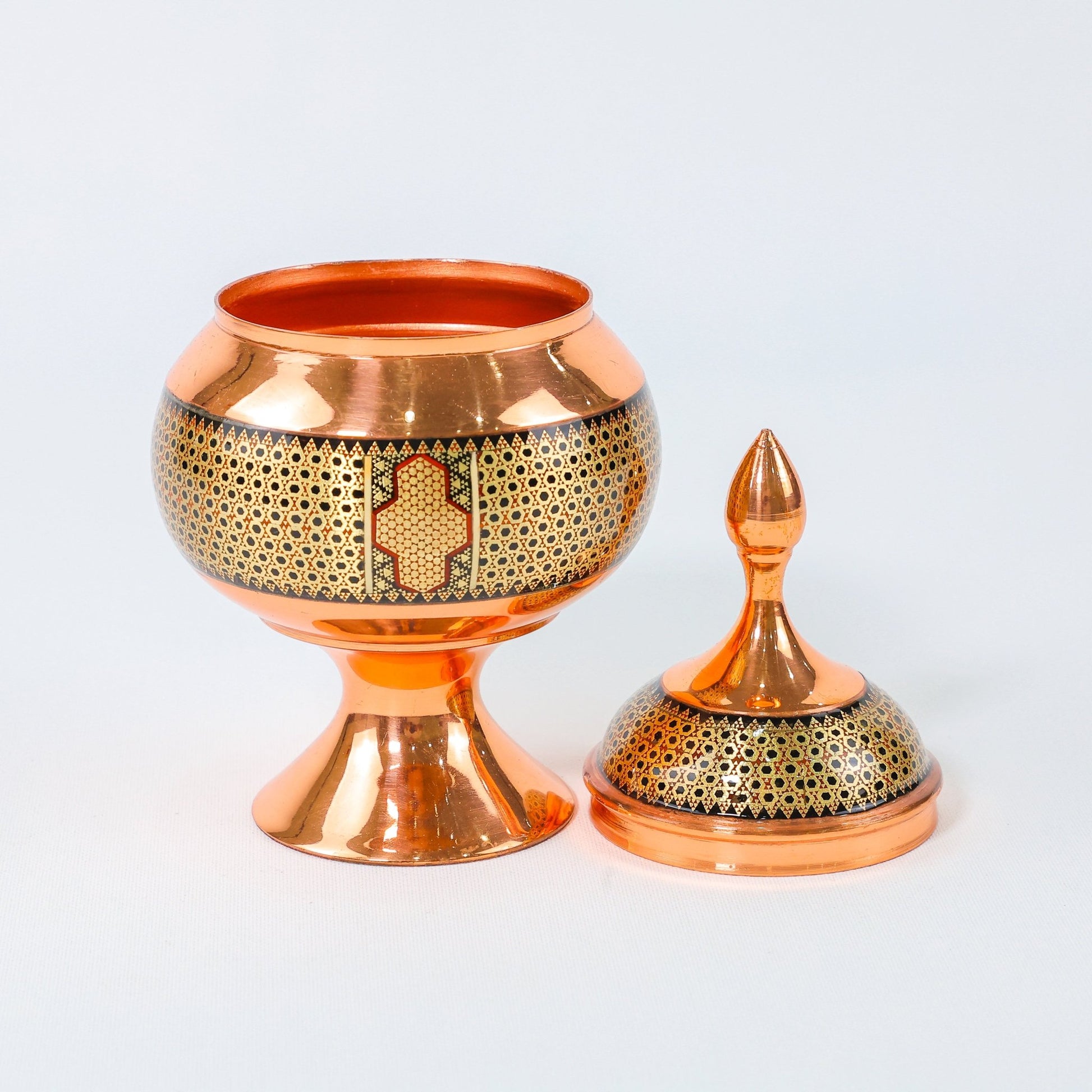 Sugar Bowl – Model 3 Short Pedestal Copper & Khatam Design (Premium) - Meraas Gallery