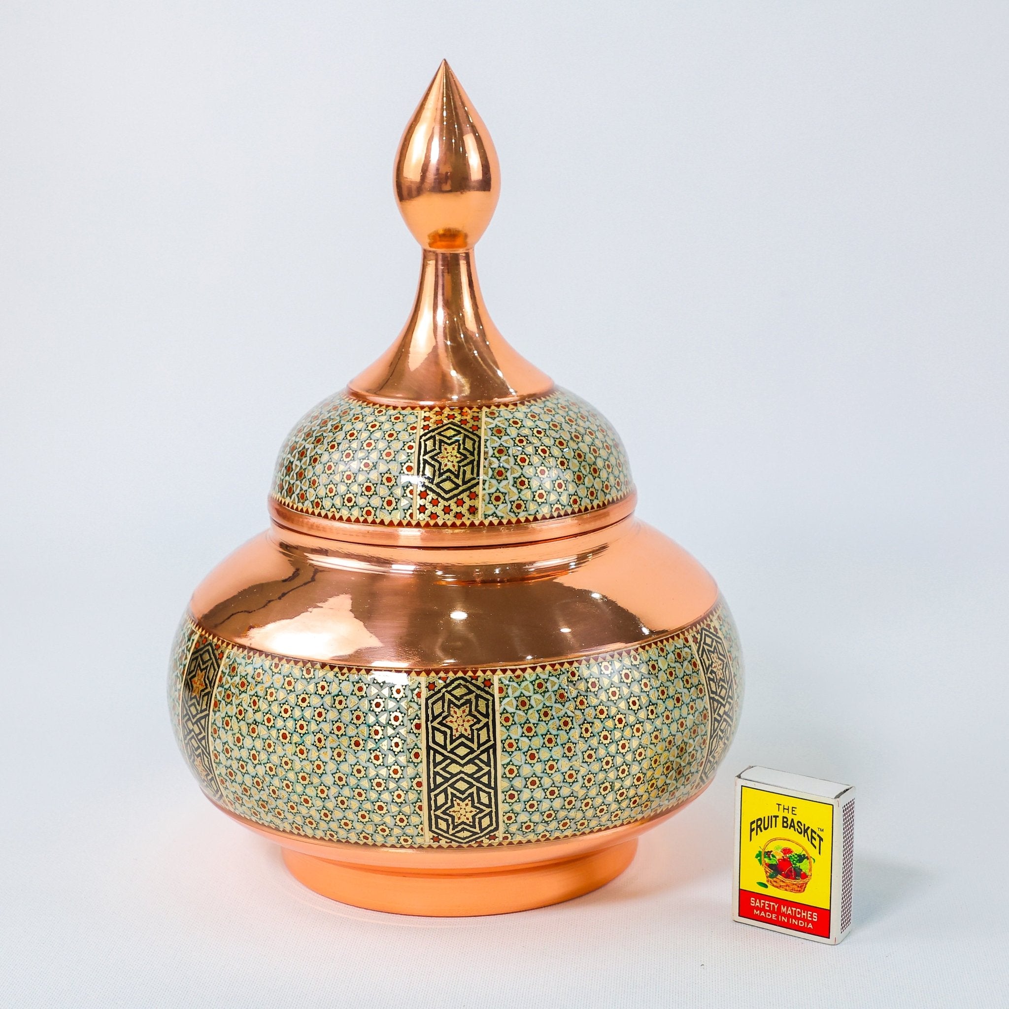 Large Sugar Bowl – Copper & Khatam Design (Ayoobi) – Size 30 cm - Meraas Gallery