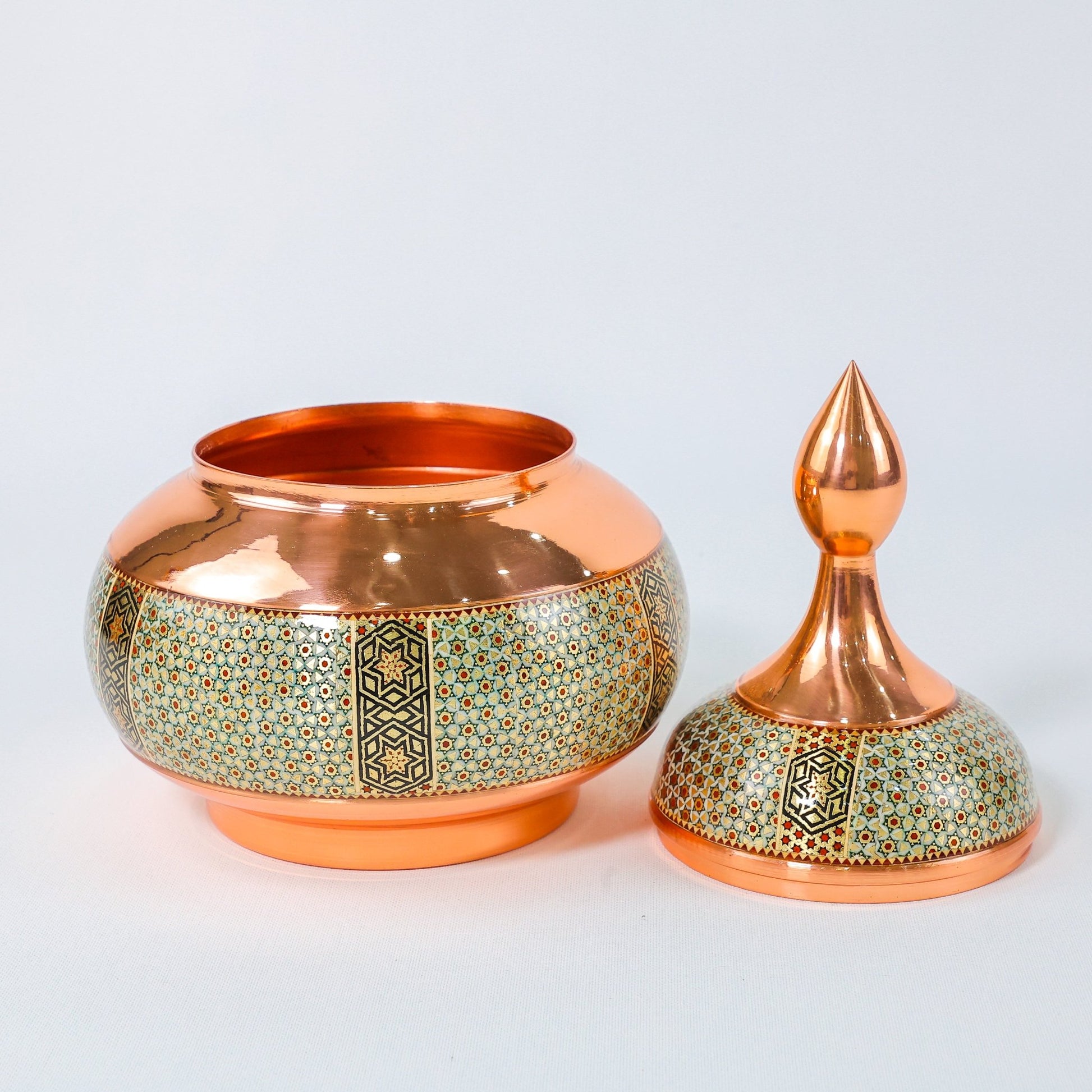 Large Sugar Bowl – Copper & Khatam Design (Ayoobi) – Size 30 cm - Meraas Gallery