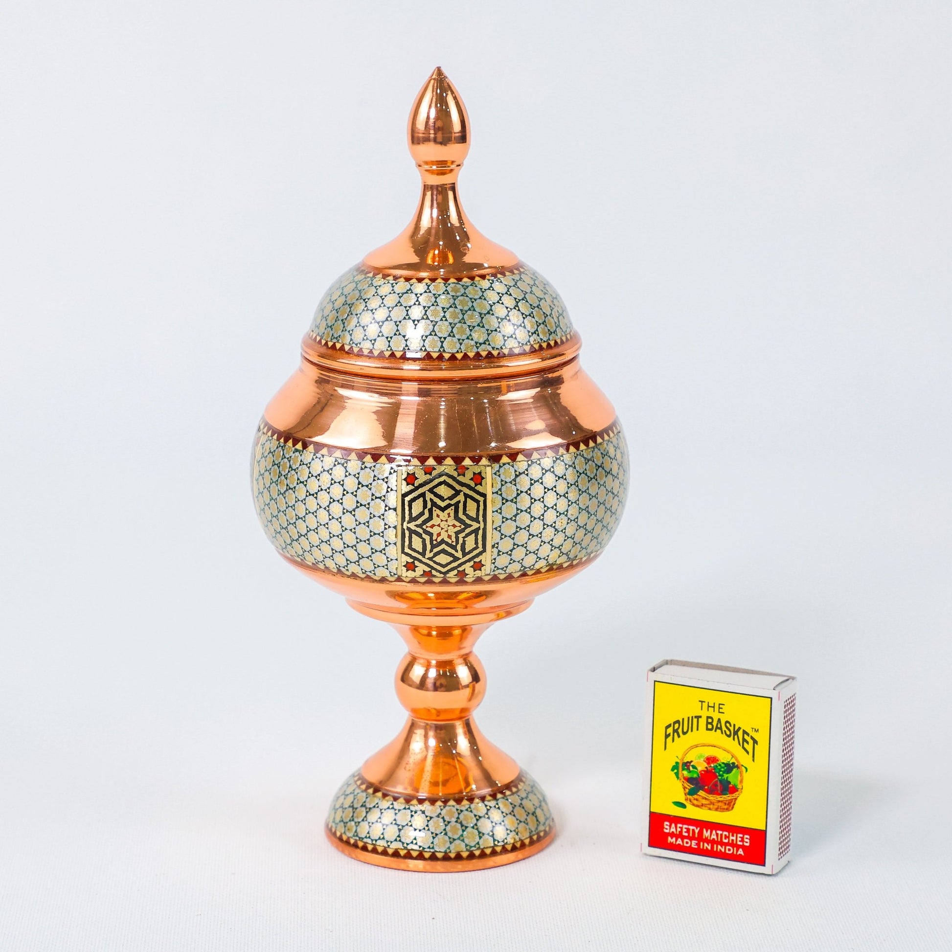 Pedestal Sugar Bowl – Copper & Khatam Design (Ayoobi) – Size 20 cm - Meraas Gallery