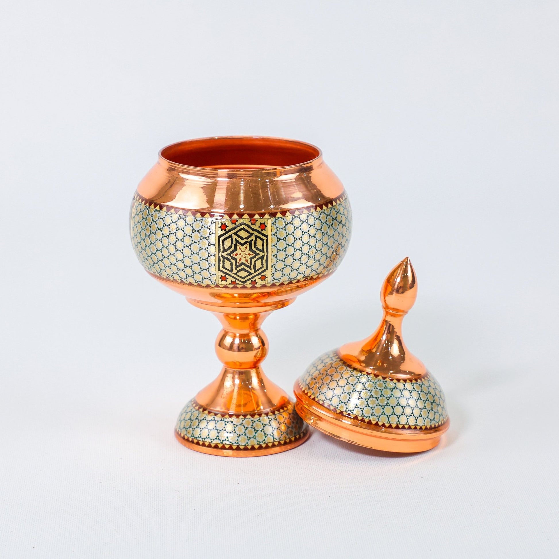 Pedestal Sugar Bowl – Copper & Khatam Design (Ayoobi) – Size 20 cm - Meraas Gallery