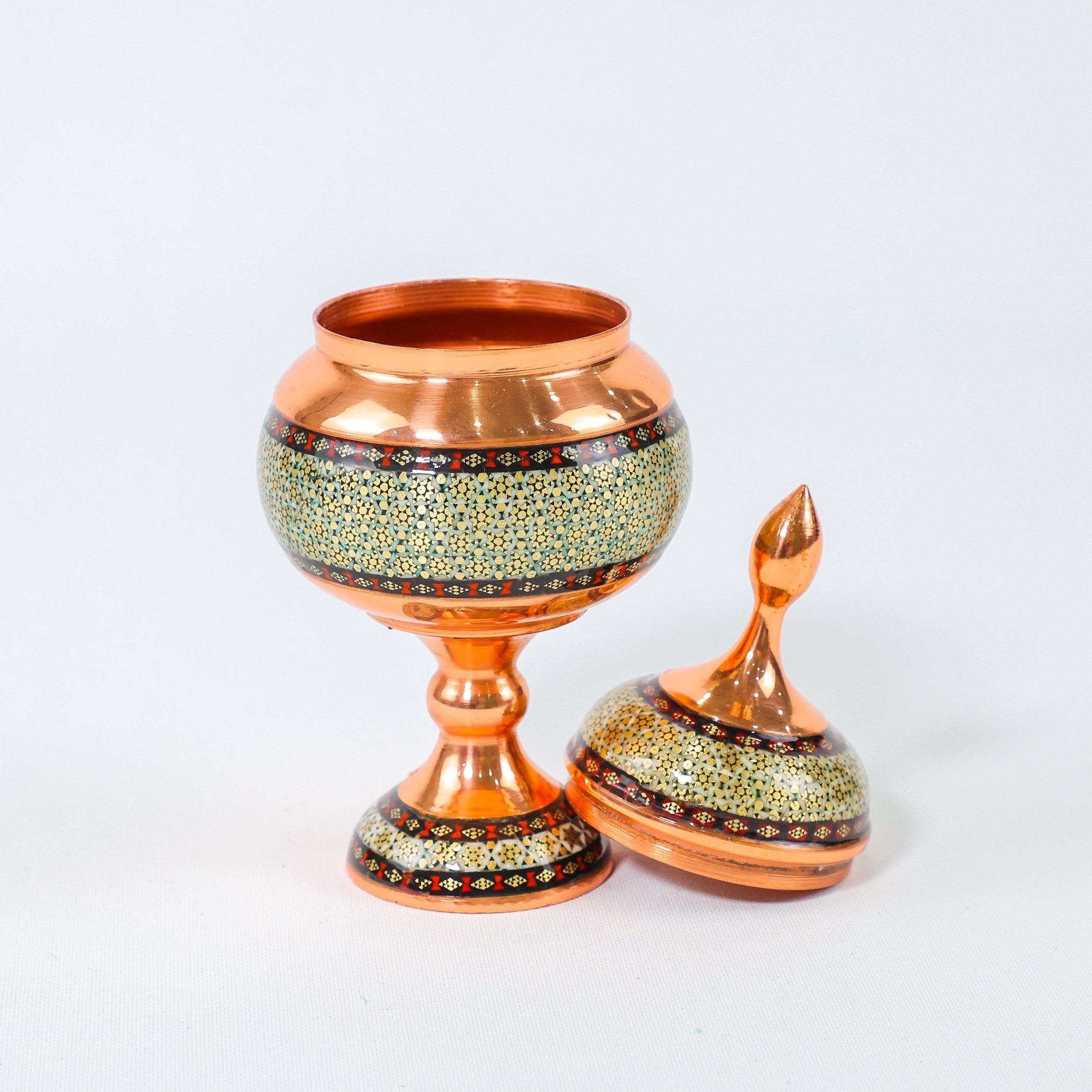 Pedestal Sugar Bowl – Copper & Khatam Design (Artistic) – Size 20 cm - Meraas Gallery
