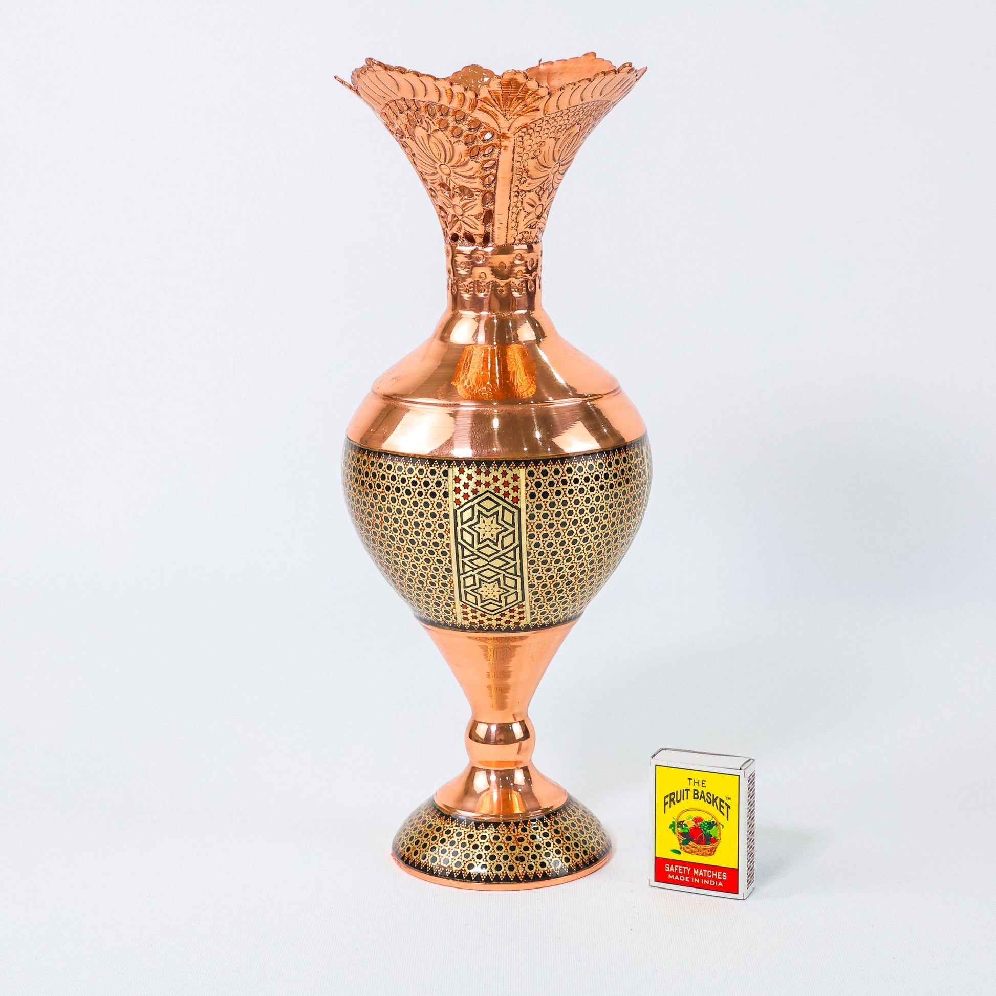 Hyacinth Vase – Openwork Rim Copper & Khatam Design – Size 30 cm - Meraas Gallery