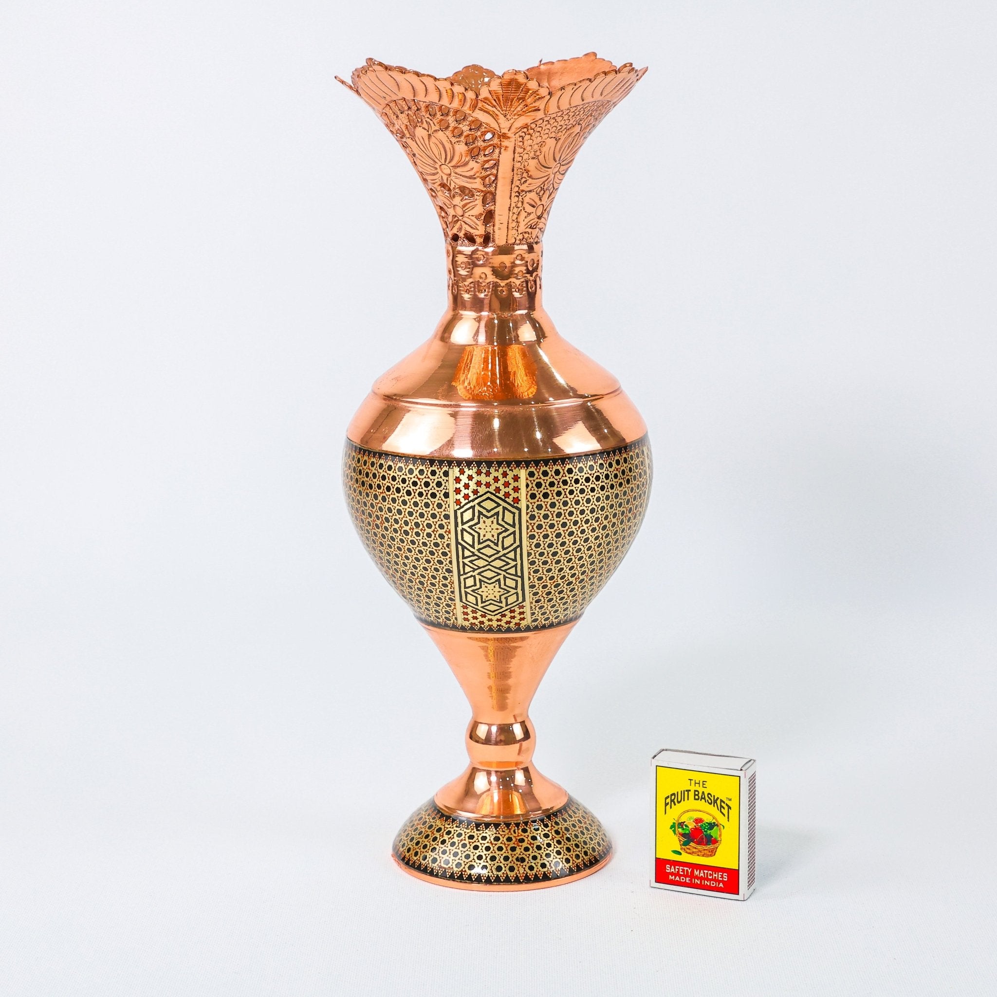 Hyacinth Vase – Openwork Rim Copper & Khatam Design – Size 30 cm - Meraas Gallery