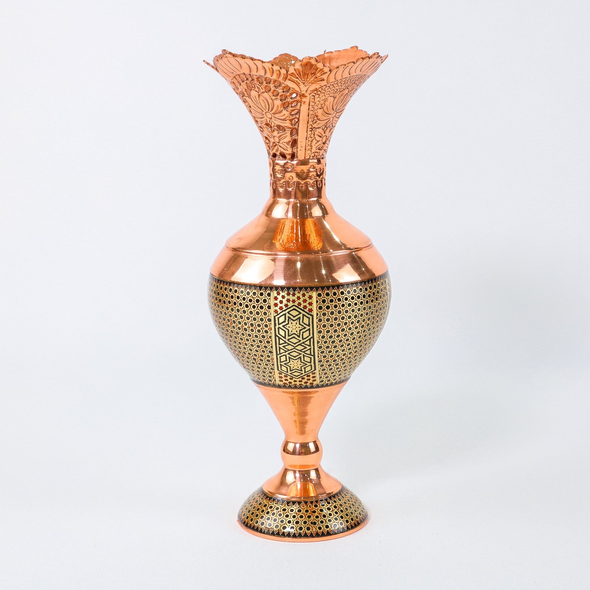 Hyacinth Vase – Openwork Rim Copper & Khatam Design – Size 30 cm - Meraas Gallery