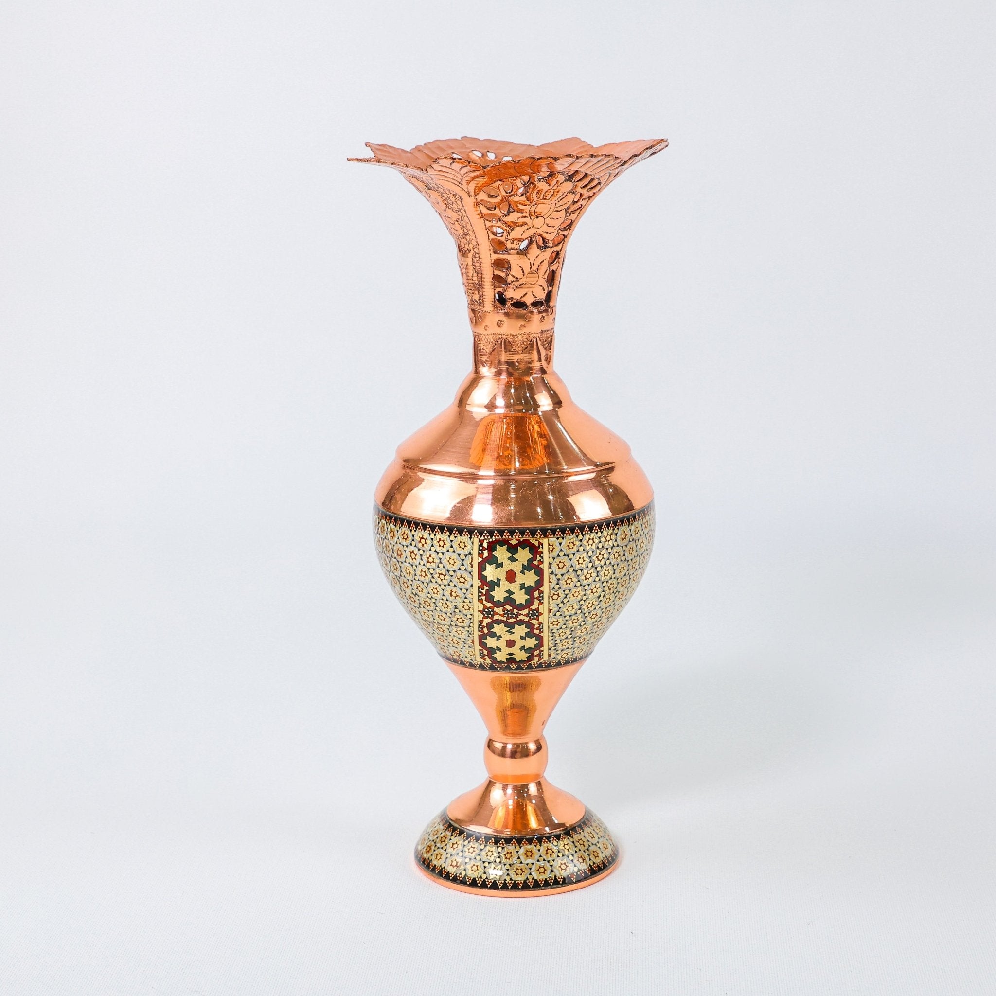 Hyacinth Vase – Openwork Rim Copper & Khatam Bone Inlay – Size 25 cm - Meraas Gallery
