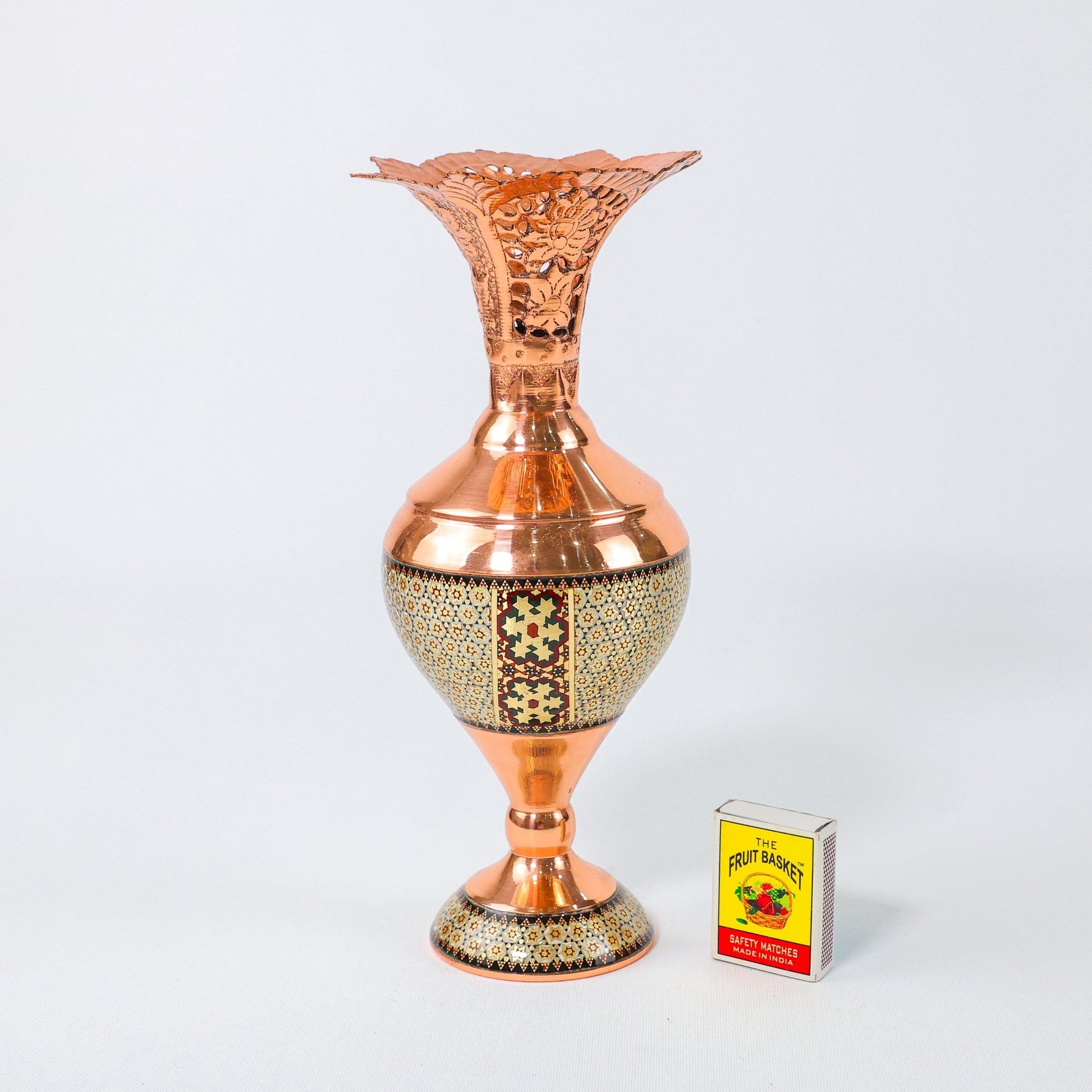 Hyacinth Vase – Openwork Rim Copper & Khatam Bone Inlay – Size 25 cm - Meraas Gallery