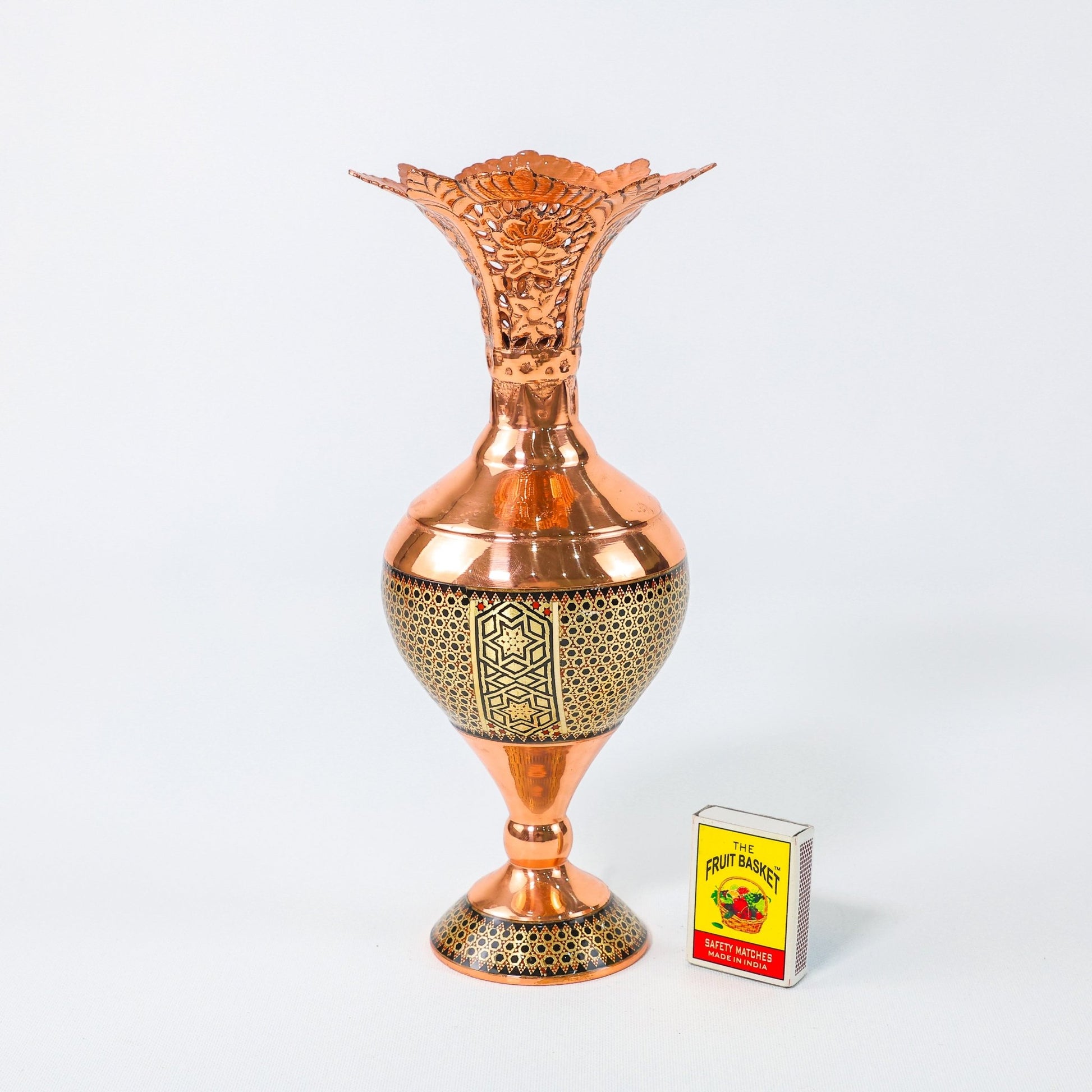 Hyacinth Vase – Openwork Rim Copper & Khatam Design – Size 25 cm - Meraas Gallery