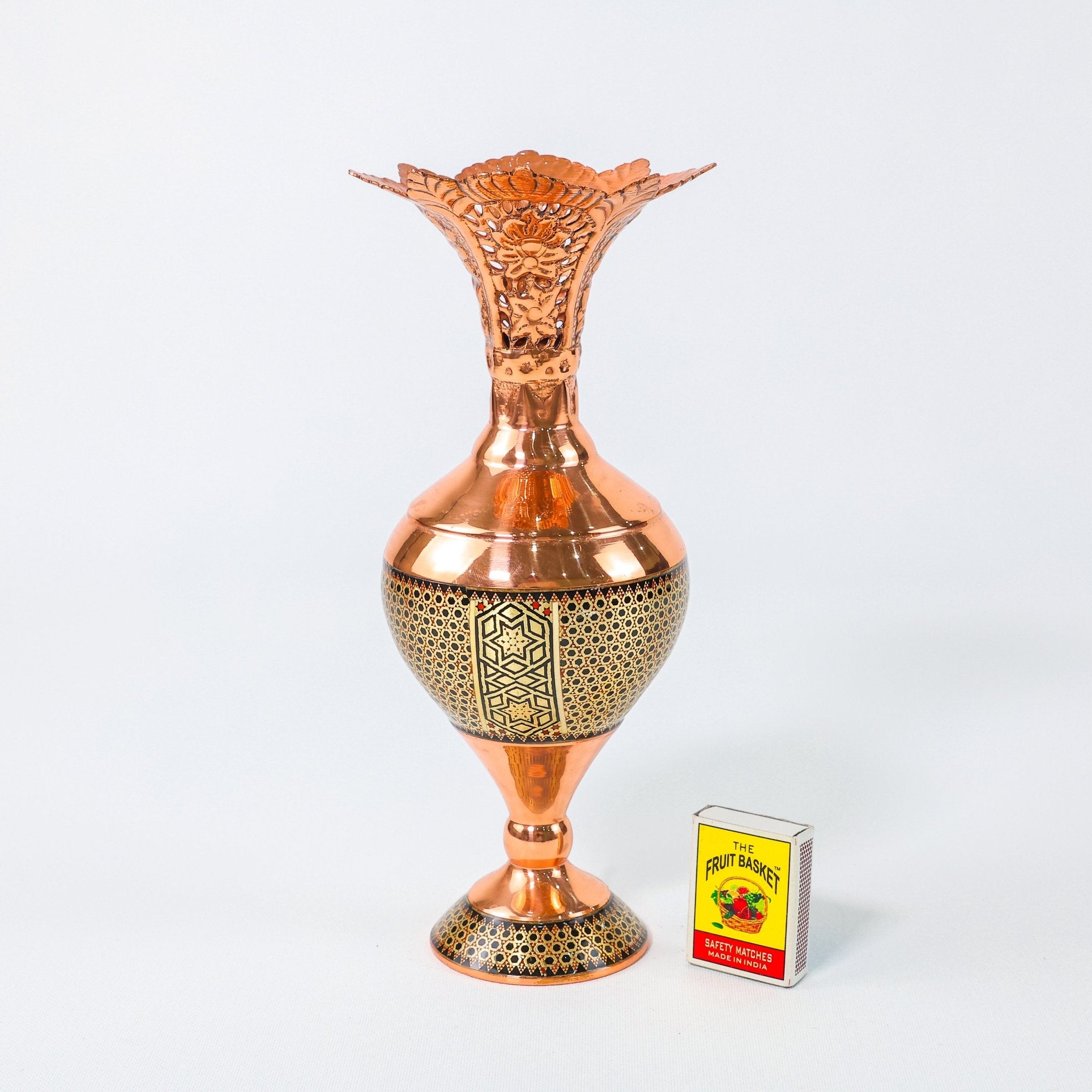 Hyacinth Vase – Openwork Rim Copper & Khatam Design – Size 25 cm - Meraas Gallery