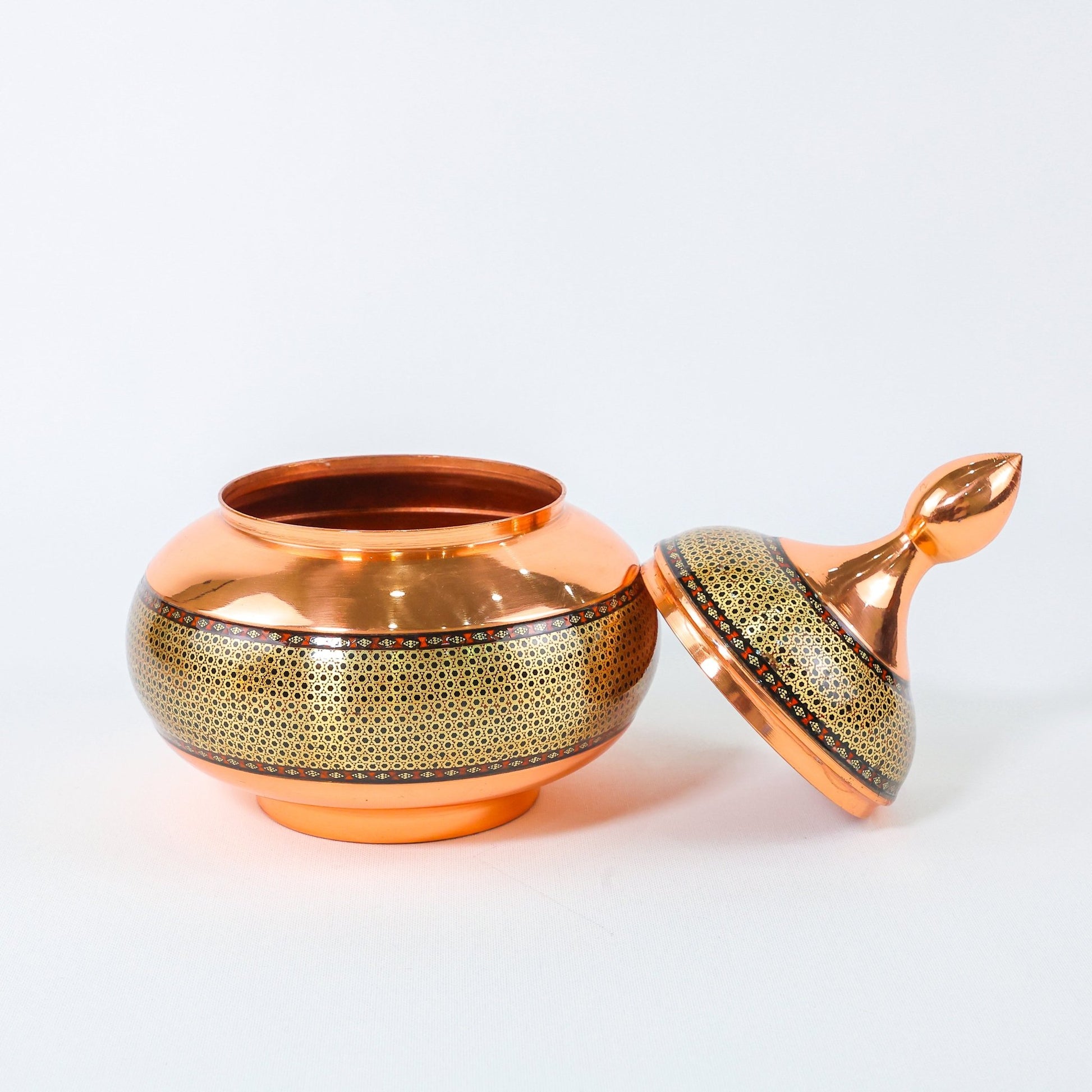 Large Sugar Bowl – Copper & Khatam Design (Artistic) – Size 30 cm - Meraas Gallery