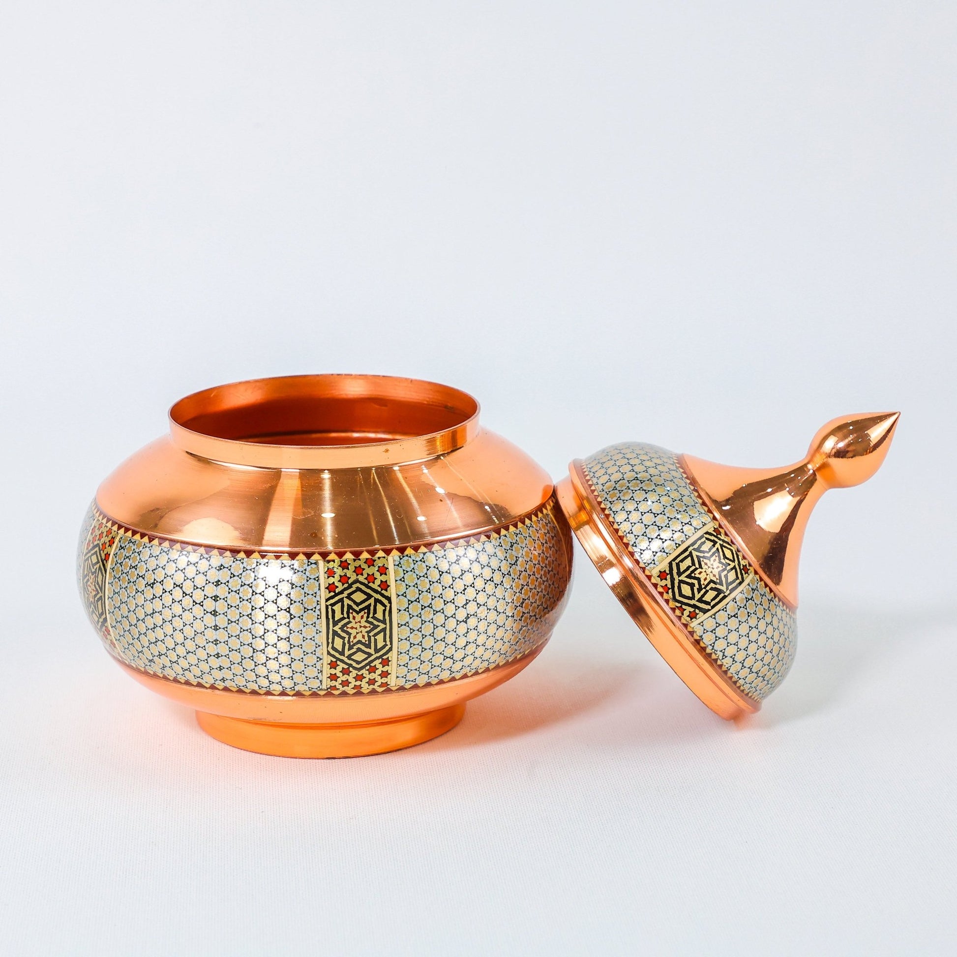 Sugar Bowl – Copper & Khatam Design (Ayoobi) – Size 25 cm - Meraas Gallery