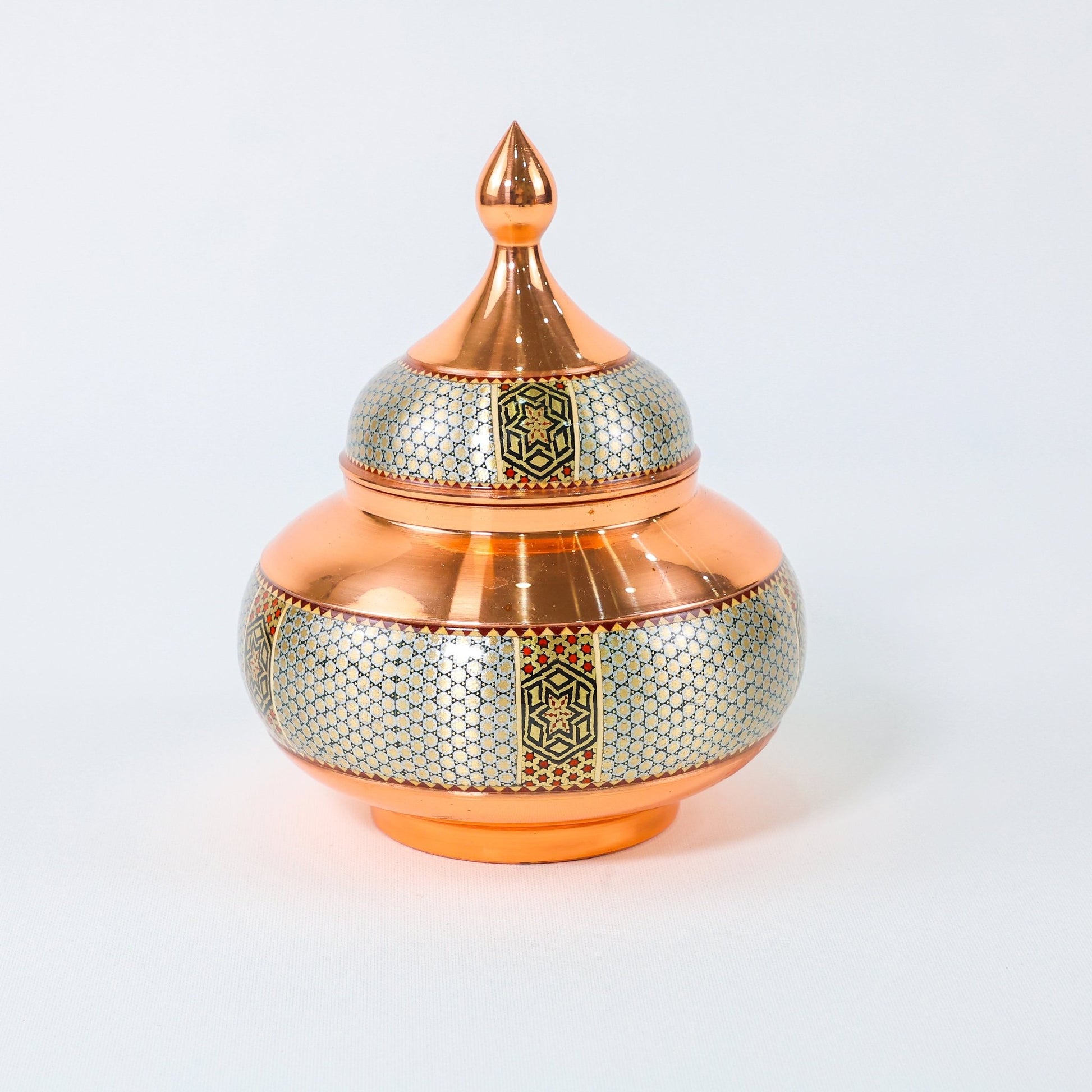 Sugar Bowl – Copper & Khatam Design (Ayoobi) – Size 25 cm - Meraas Gallery