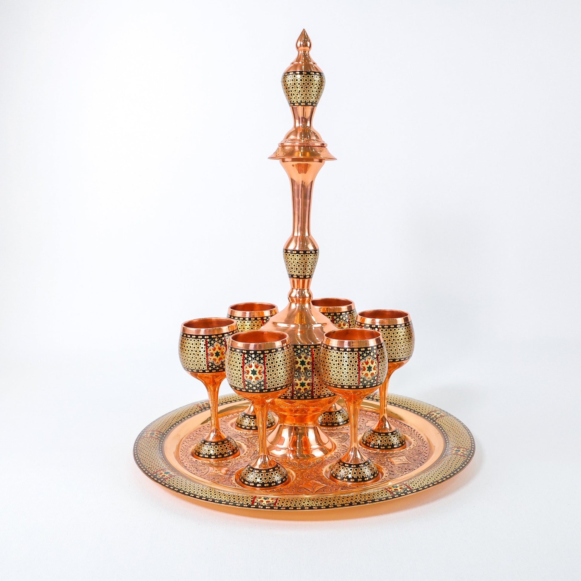 Medium Sharbat Set – Copper & Khatam Design with Round Tray - Meraas Gallery