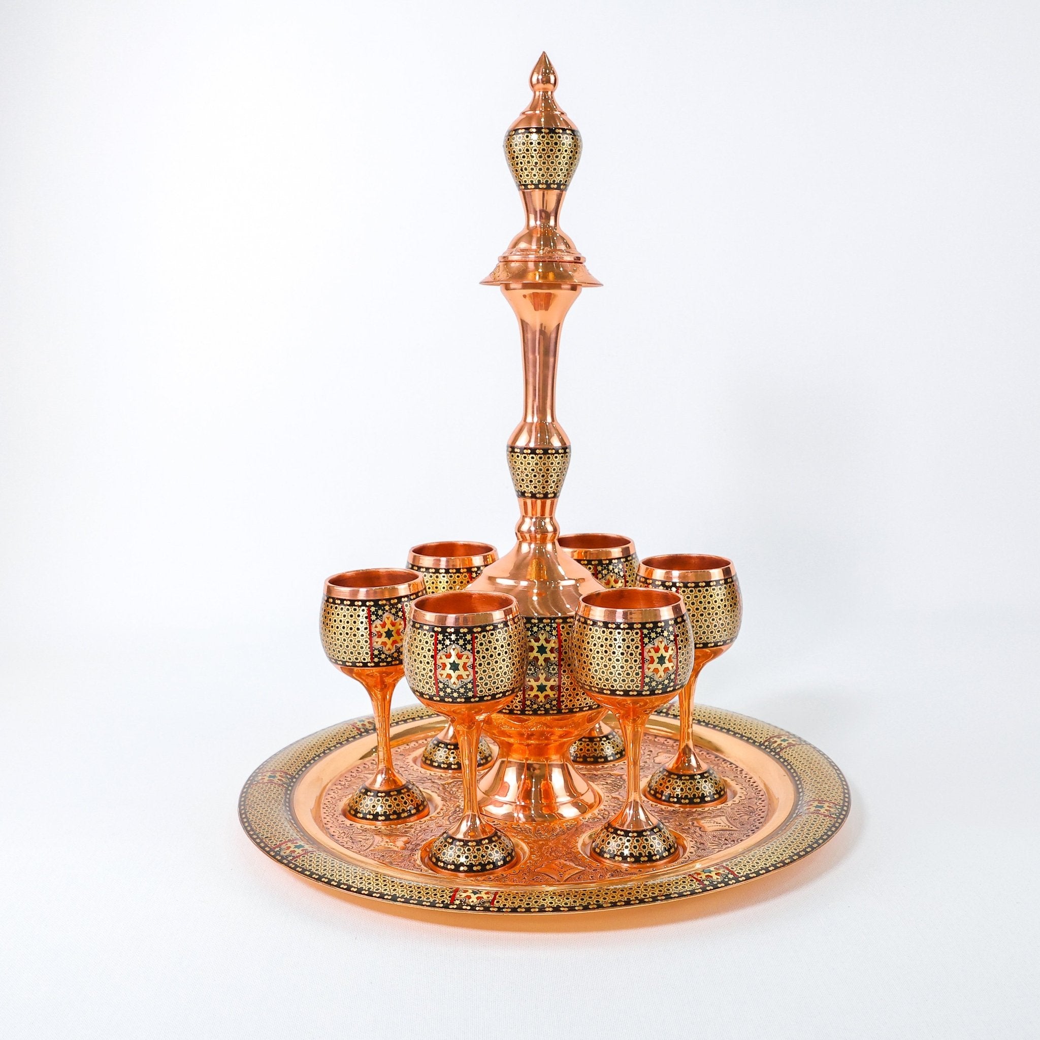 Medium Sharbat Set – Copper & Khatam Design with Round Tray - Meraas Gallery