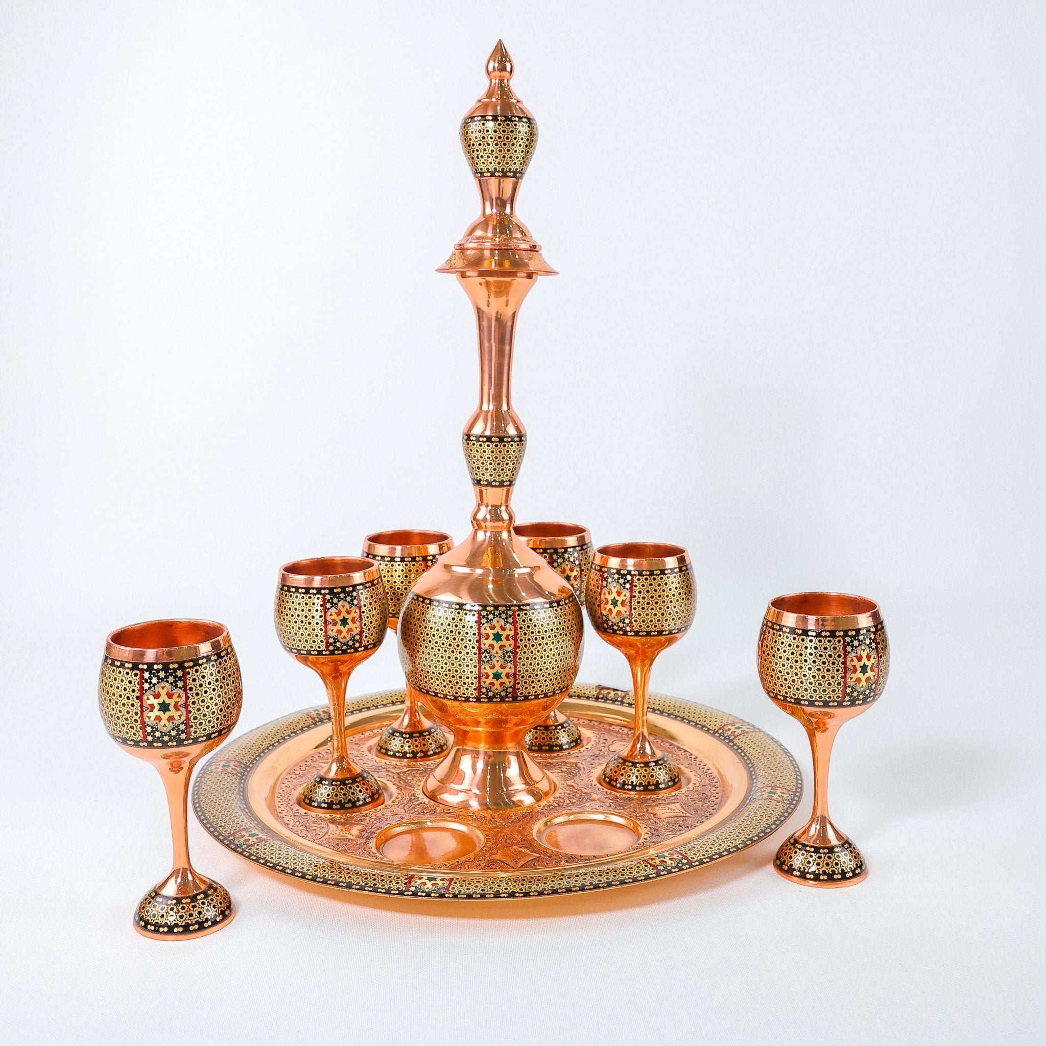 Medium Sharbat Set – Copper & Khatam Design with Round Tray - Meraas Gallery