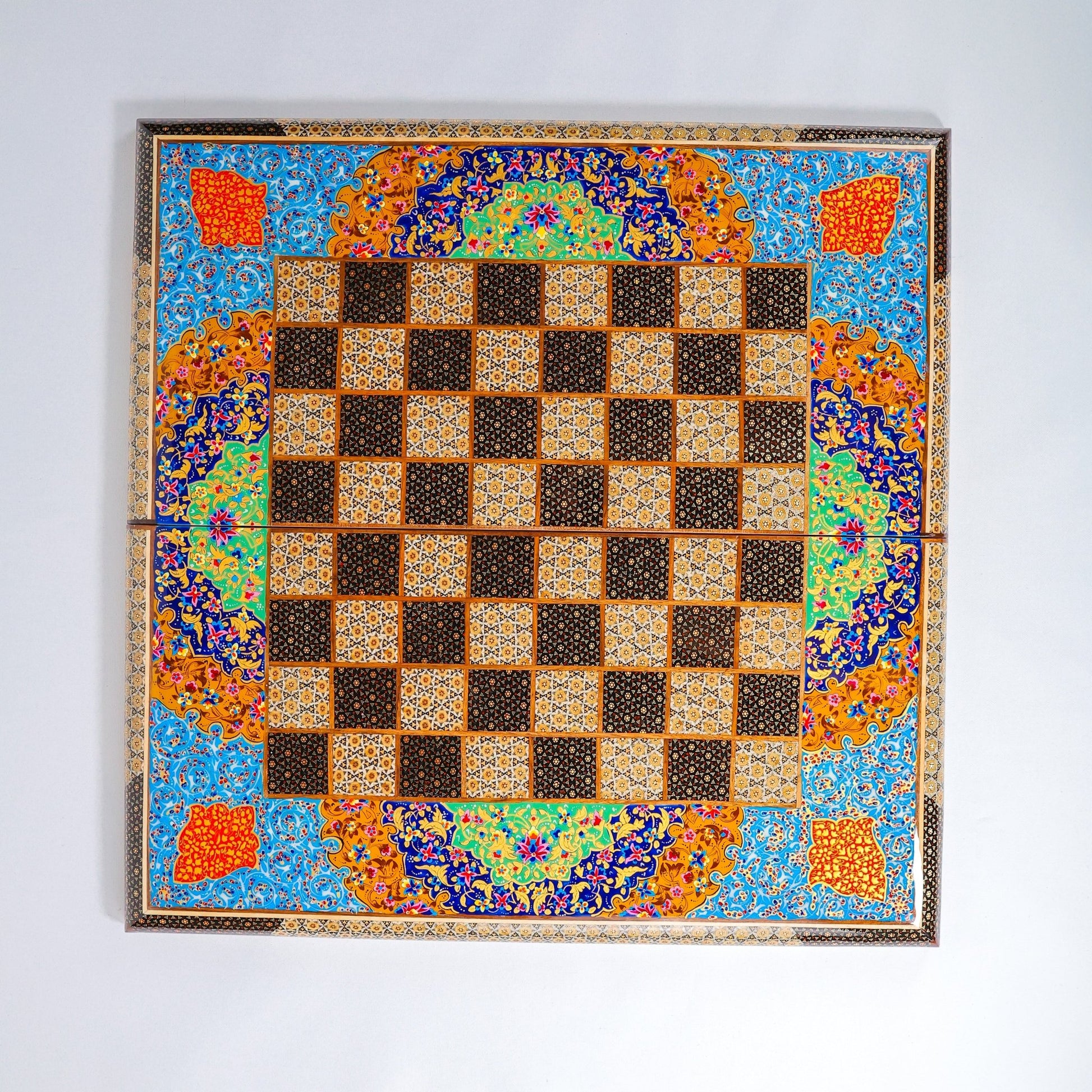 Backgammon & Chess Board – Size 60 cm – Full Bone Khatam – Blue Tazhib Design - D1 - Meraas Gallery