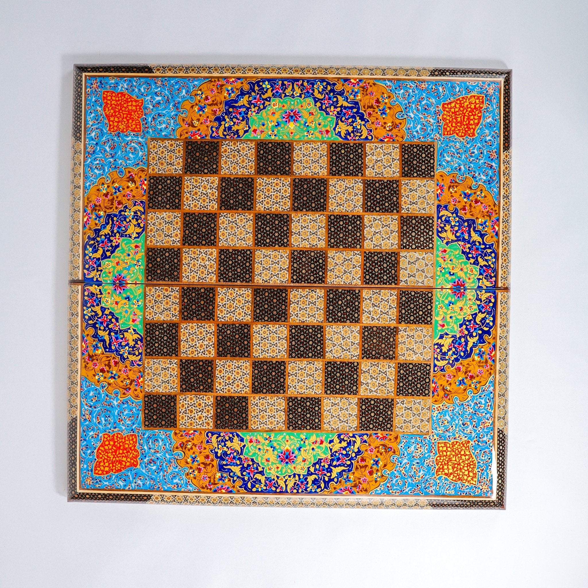 Backgammon & Chess Board – Size 60 cm – Full Bone Khatam – Blue Tazhib Design - D1 - Meraas Gallery