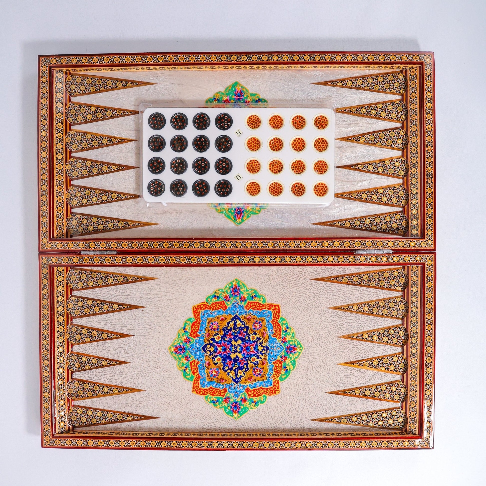 Backgammon & Chess Board – Size 60 cm – Full Bone Khatam – Blue Tazhib Design - D1 - Meraas Gallery