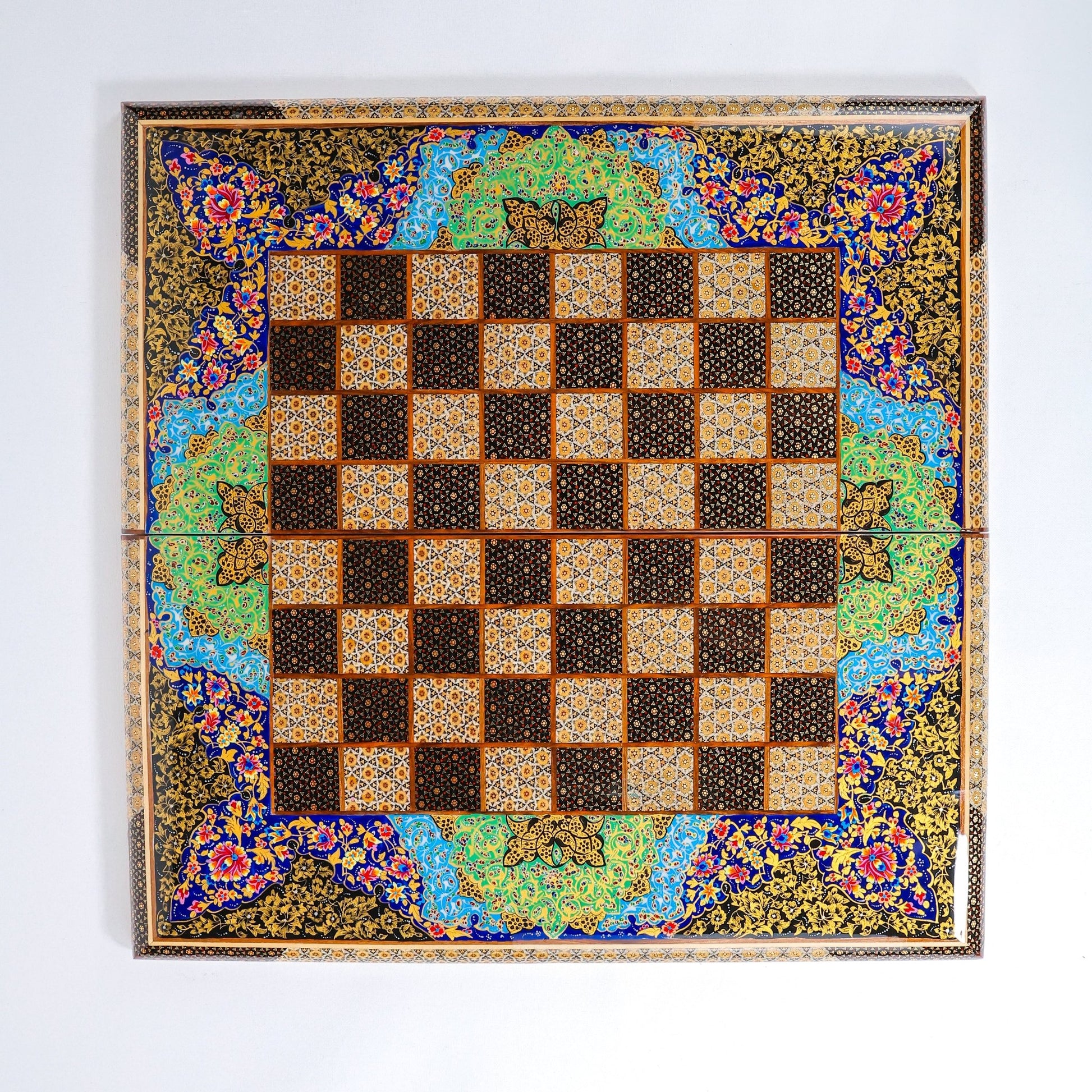 Backgammon & Chess Board – Size 60 cm – Full Bone Khatam – Blue Tazhib Design - Meraas Gallery