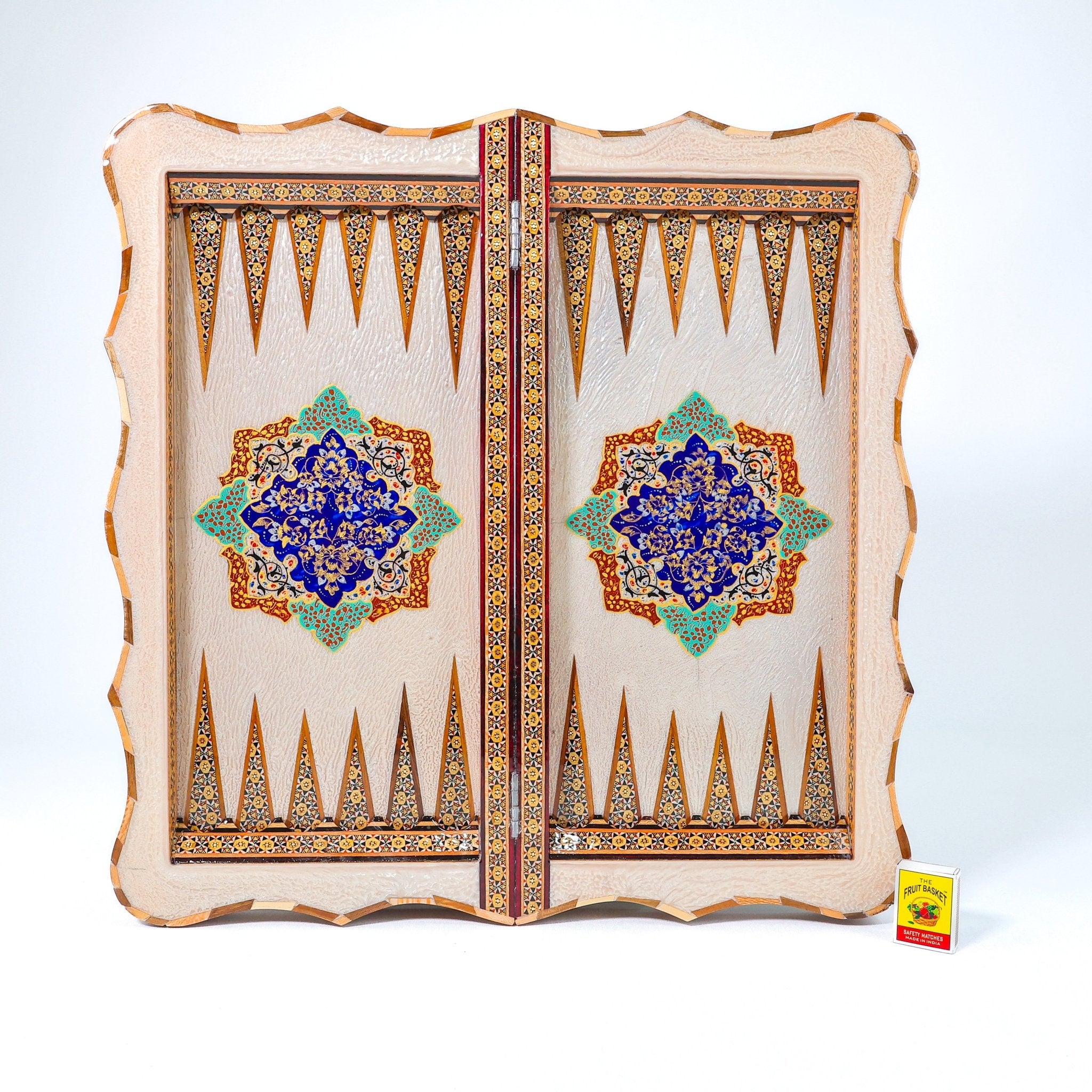 Backgammon & Chess Board – Scalloped Edge – Mother - of - Pearl Interior – Tazhib Design 01 – Size 50 cm - Meraas Gallery