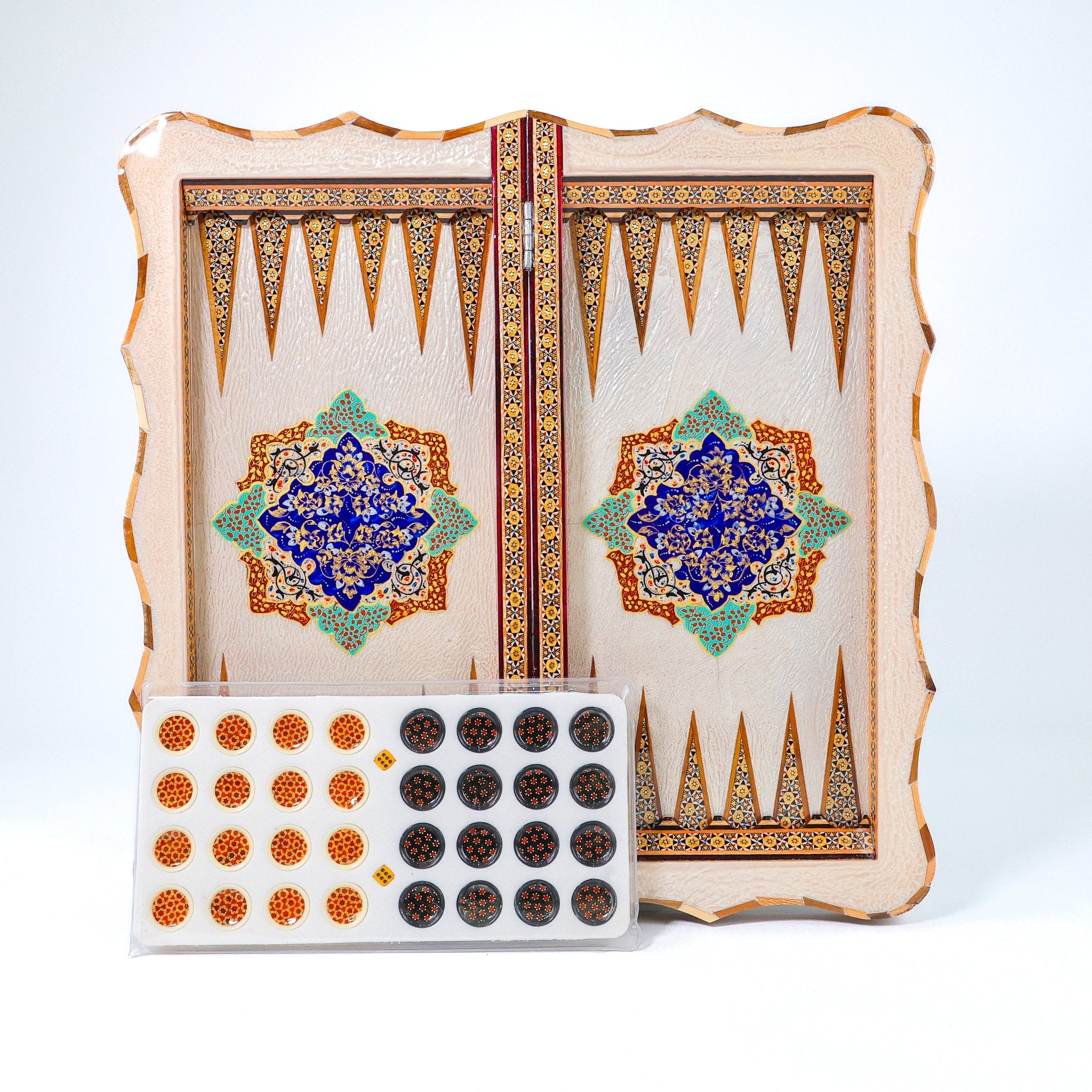 Backgammon & Chess Board – Scalloped Edge – Mother - of - Pearl Interior – Tazhib Design 01 – Size 50 cm - Meraas Gallery