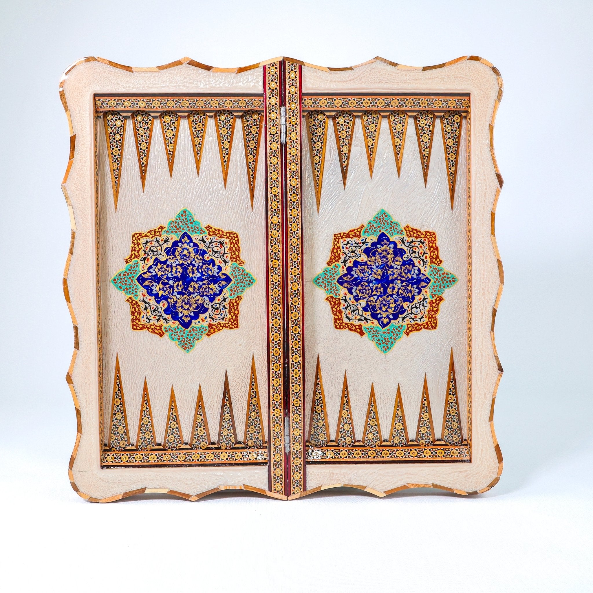 Backgammon & Chess Board – Scalloped Edge – Mother - of - Pearl Interior – Tazhib Design 01 – Size 50 cm - Meraas Gallery