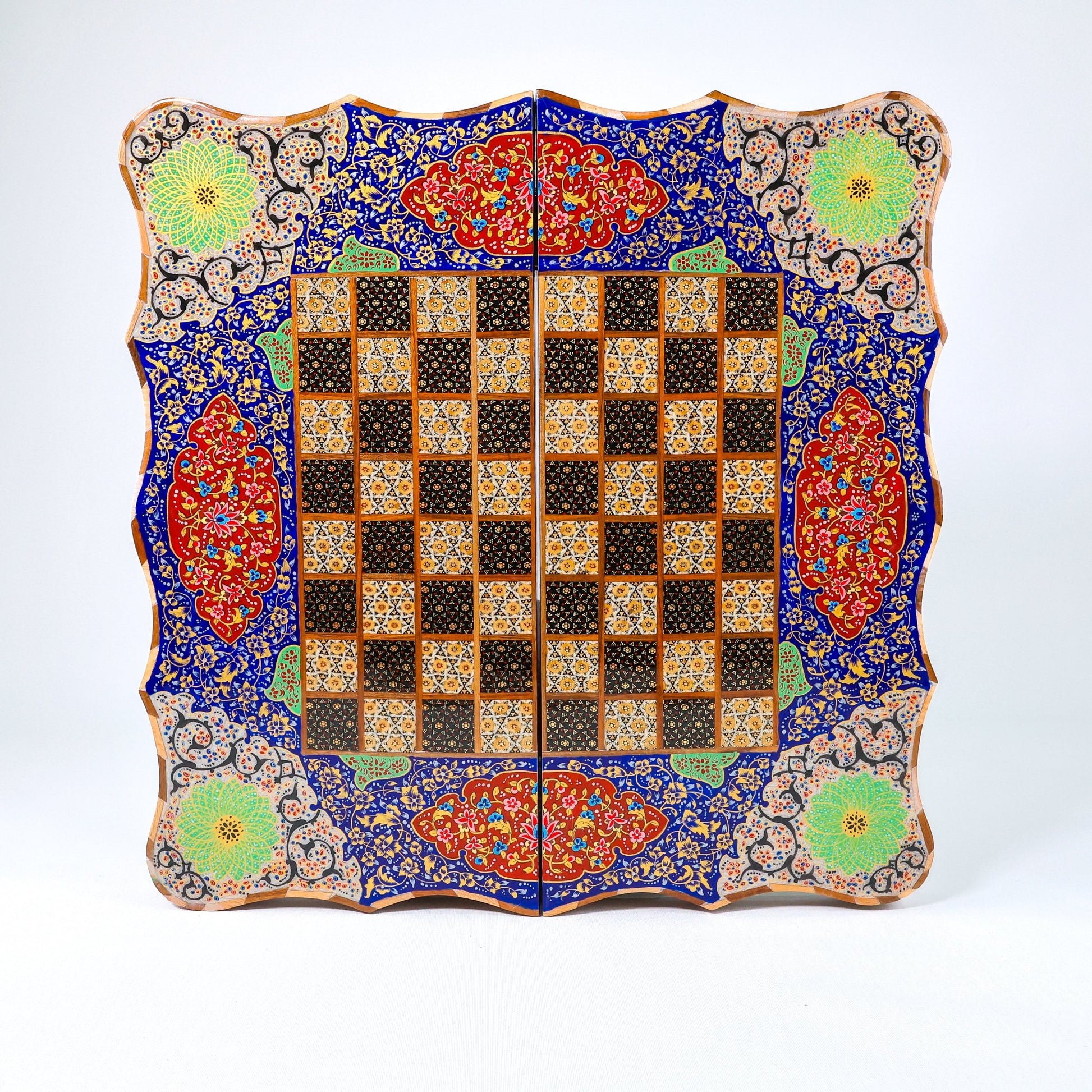 Backgammon & Chess Board – Scalloped Edge – Mother - of - Pearl Interior – Tazhib Design 01 – Size 50 cm - Meraas Gallery